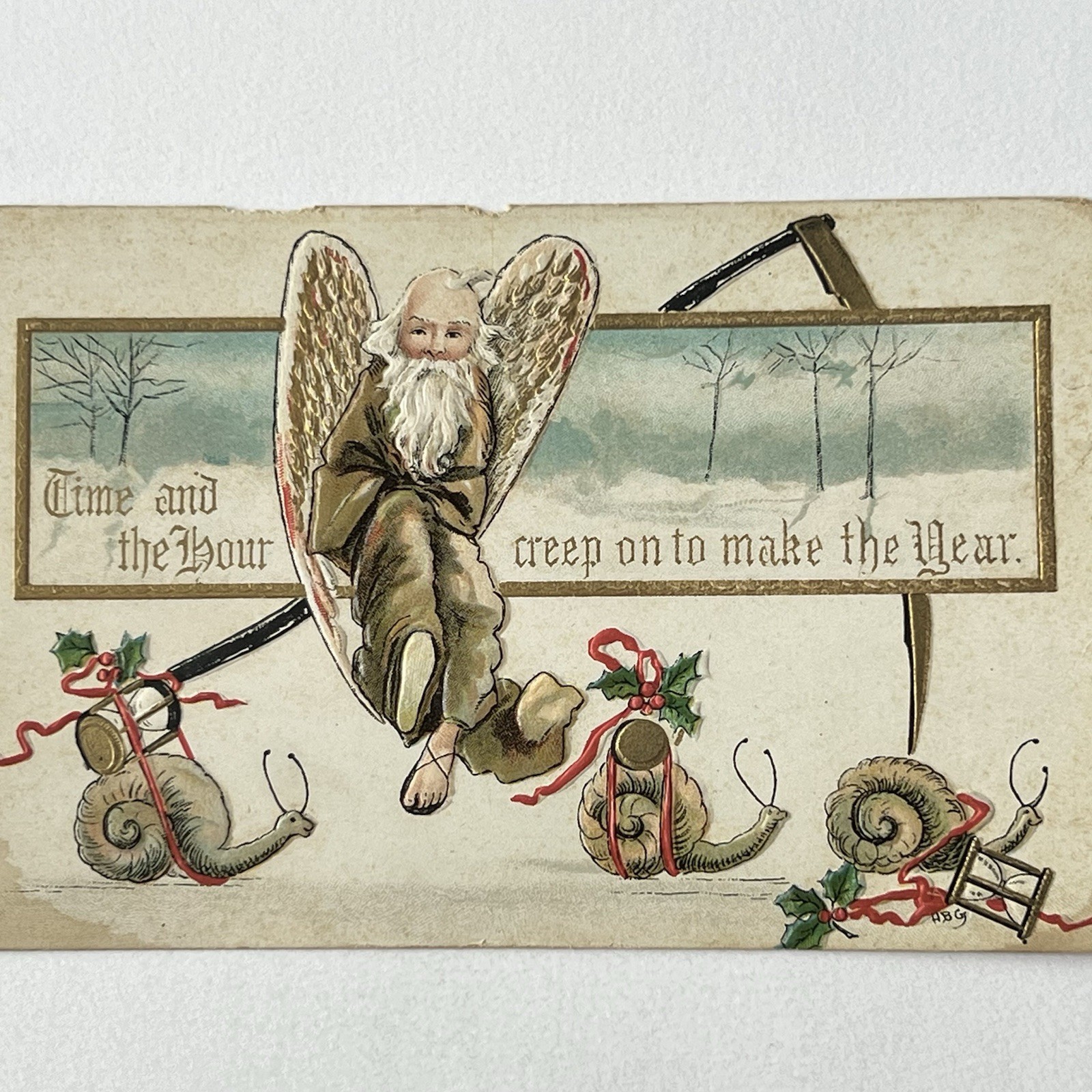 Antique Embossed Postcard Adorable Cute Snail Fam & Father Time HBG Christmas