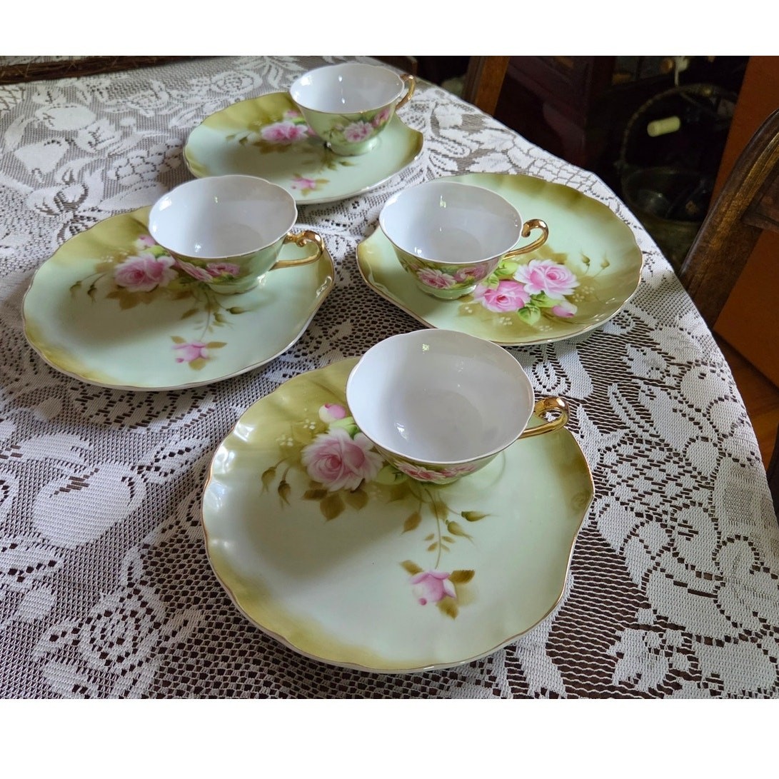 Lefton Heritage Green Snack Set Vintage Porcelain 4 Cups 4 Plates 8pc