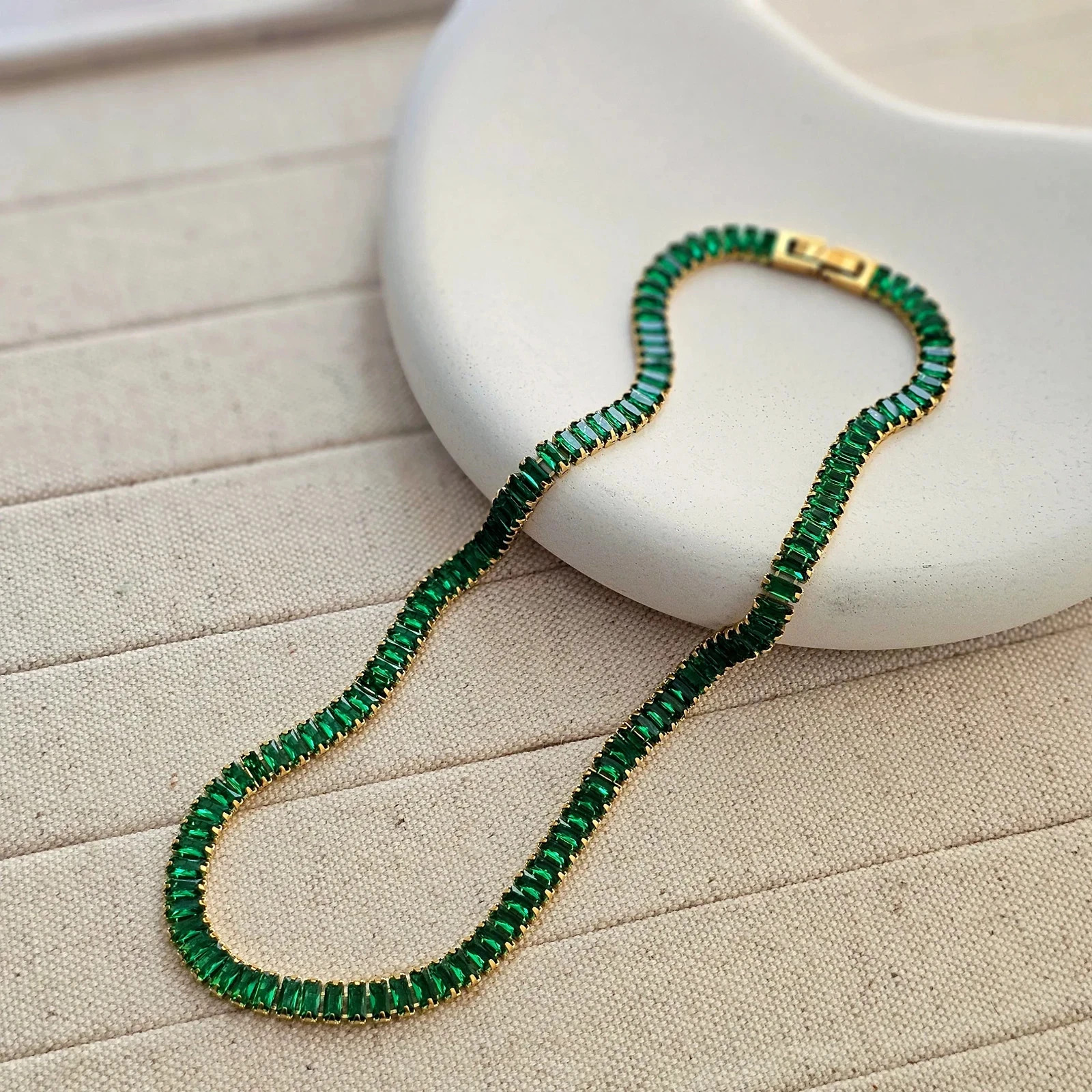 AAA Emerald Green Baguette Tennis Necklace in 14K Yellow Gold Plated 16\