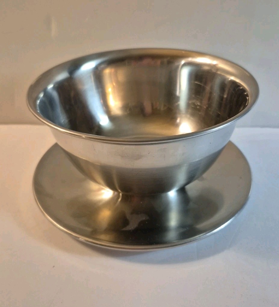 Vintage Stainless Steel Gravy/Sauce Bowl w/ Attached Drip Plate - Japan