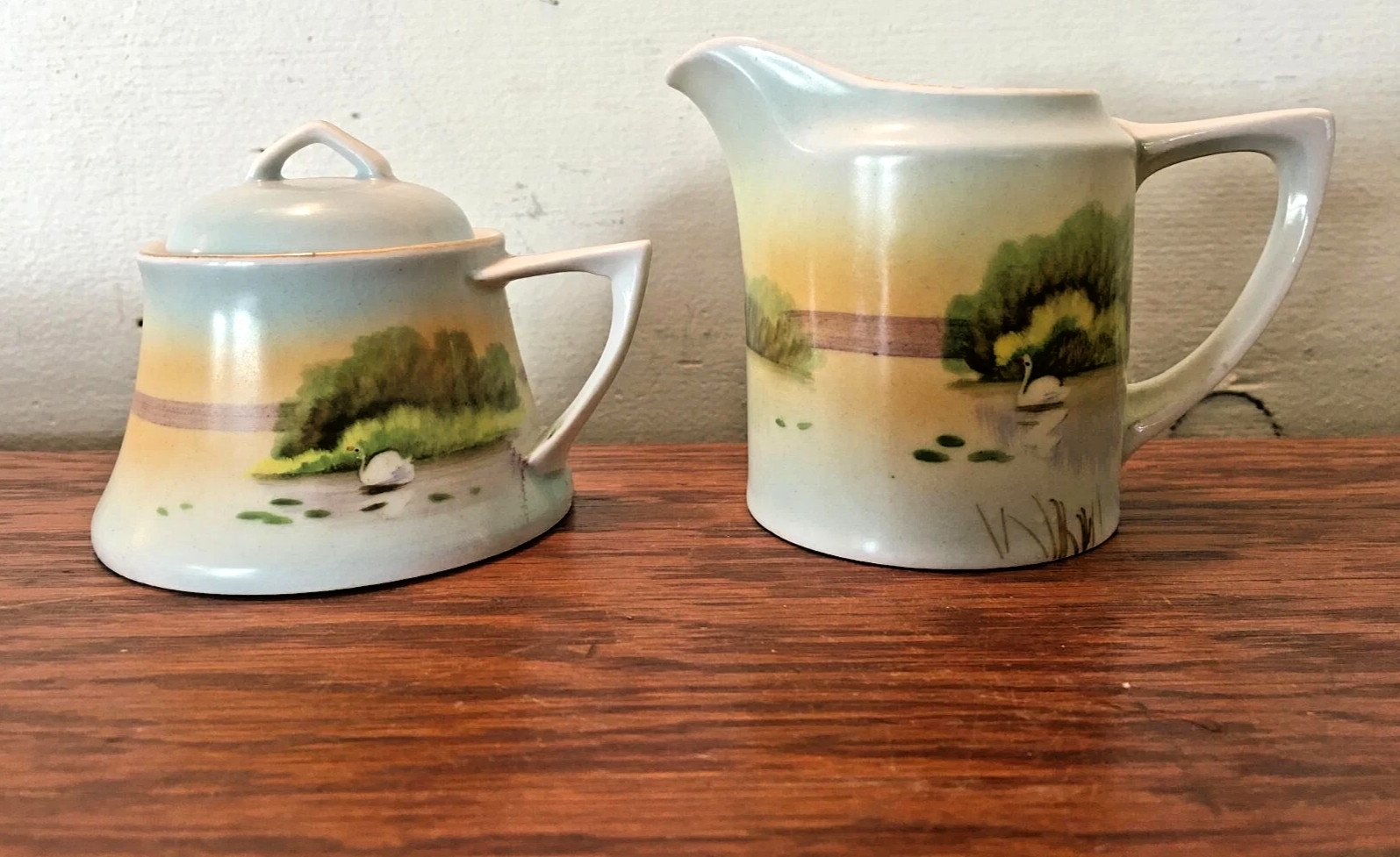 Meito China Hand Painted Small Creamer & Sugar Swan Scene Japan 1920s-1940s Meito China Hand Painted Small Creamer & Sugar Swan Scene Japan 1920s-1940s