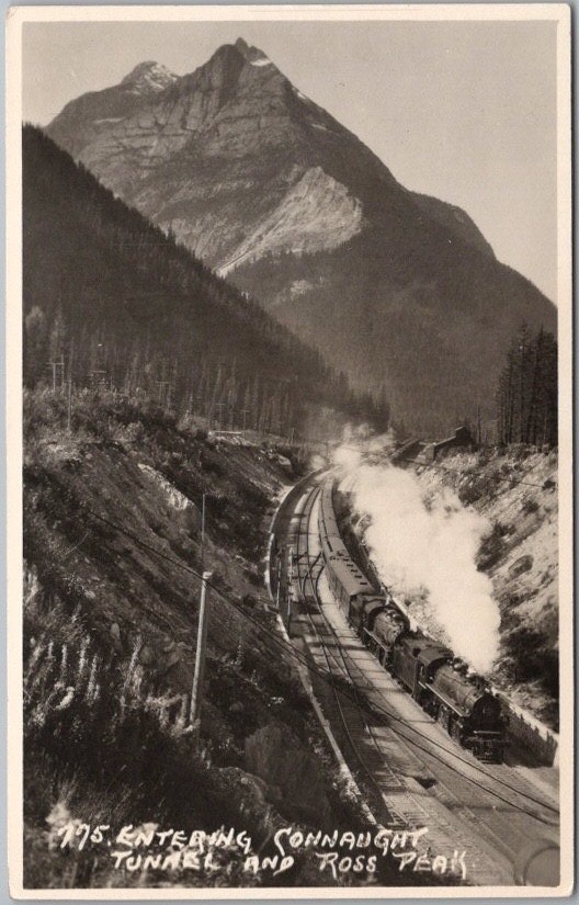 Glacier National Park, B.C. Canada Photo RPPC Postcard Train & Ross Peak View
