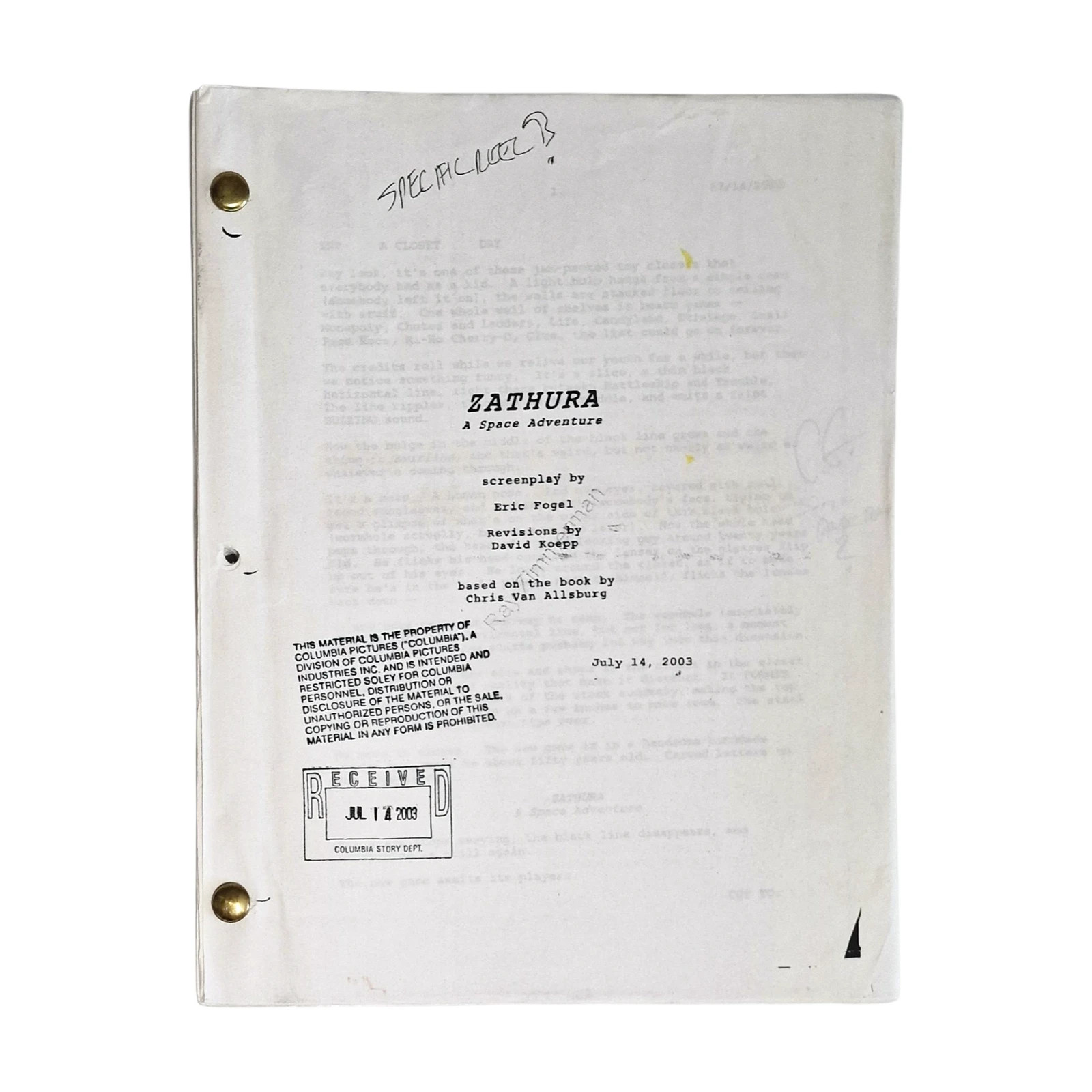 Zathura A Space Adventure Original Columbia Pictures Script 2003