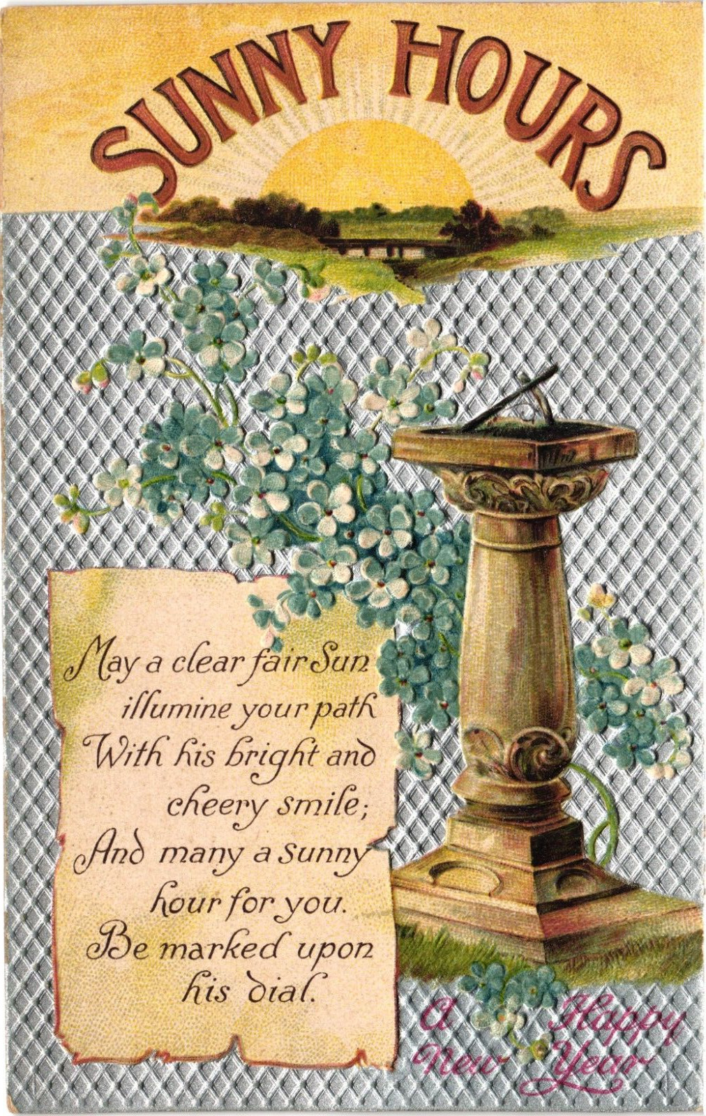 Happy New Year SUNNY HOURS Embossed Antique Postcard c1912