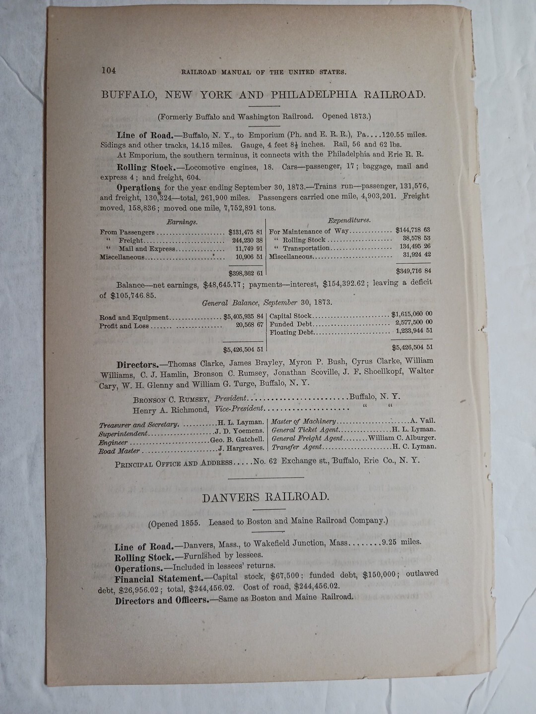 1875 Train Report BUFFALO NEW YORK & PHILADELPHIA RAILROAD Emporium Pennsylvania