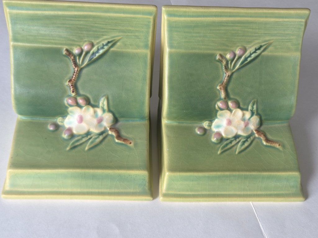 Beautiful, 1940\'s Roseville Original Book Ends, A Raised Spray of Apple Blossom
