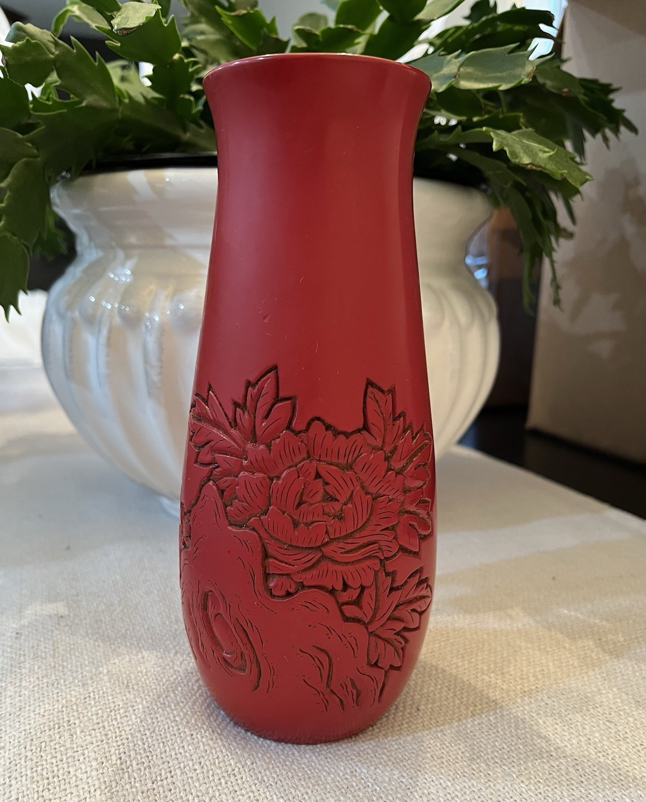 Vintage Murakami Tsuishu Laquerware Vase Hand Carved Peony Flower Ikebana JAPAN Vintage Murakami Tsuishu Laquerware Vase Hand Carved Peony Flower Ikebana JAPAN