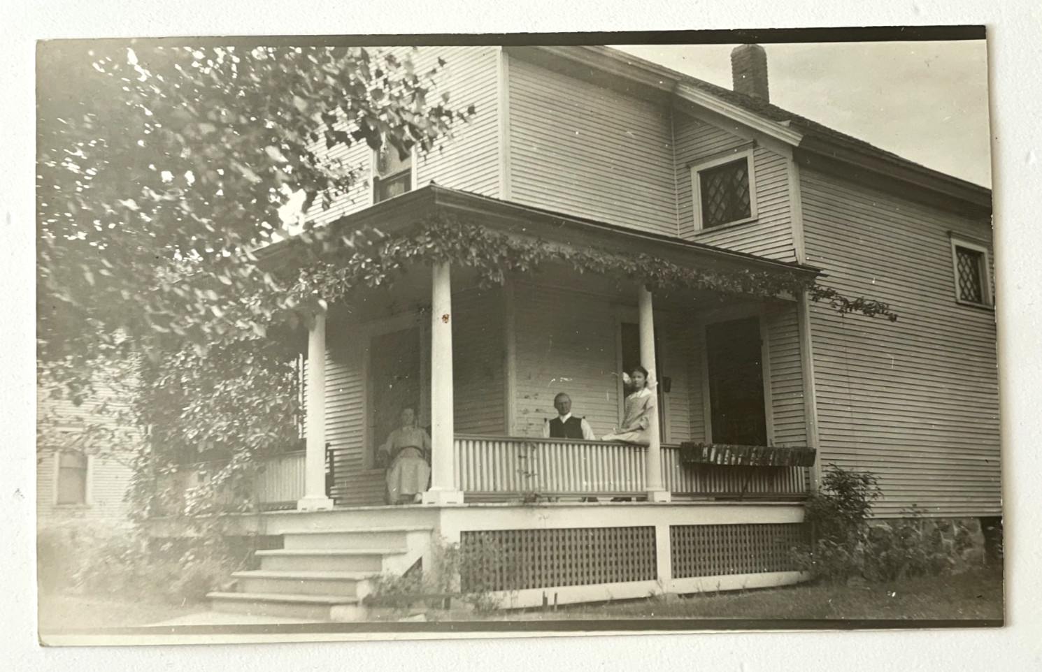 RPPC Man Woman & Child On Porch Clapboard House Real Photo Postcard ca 1912 VG+