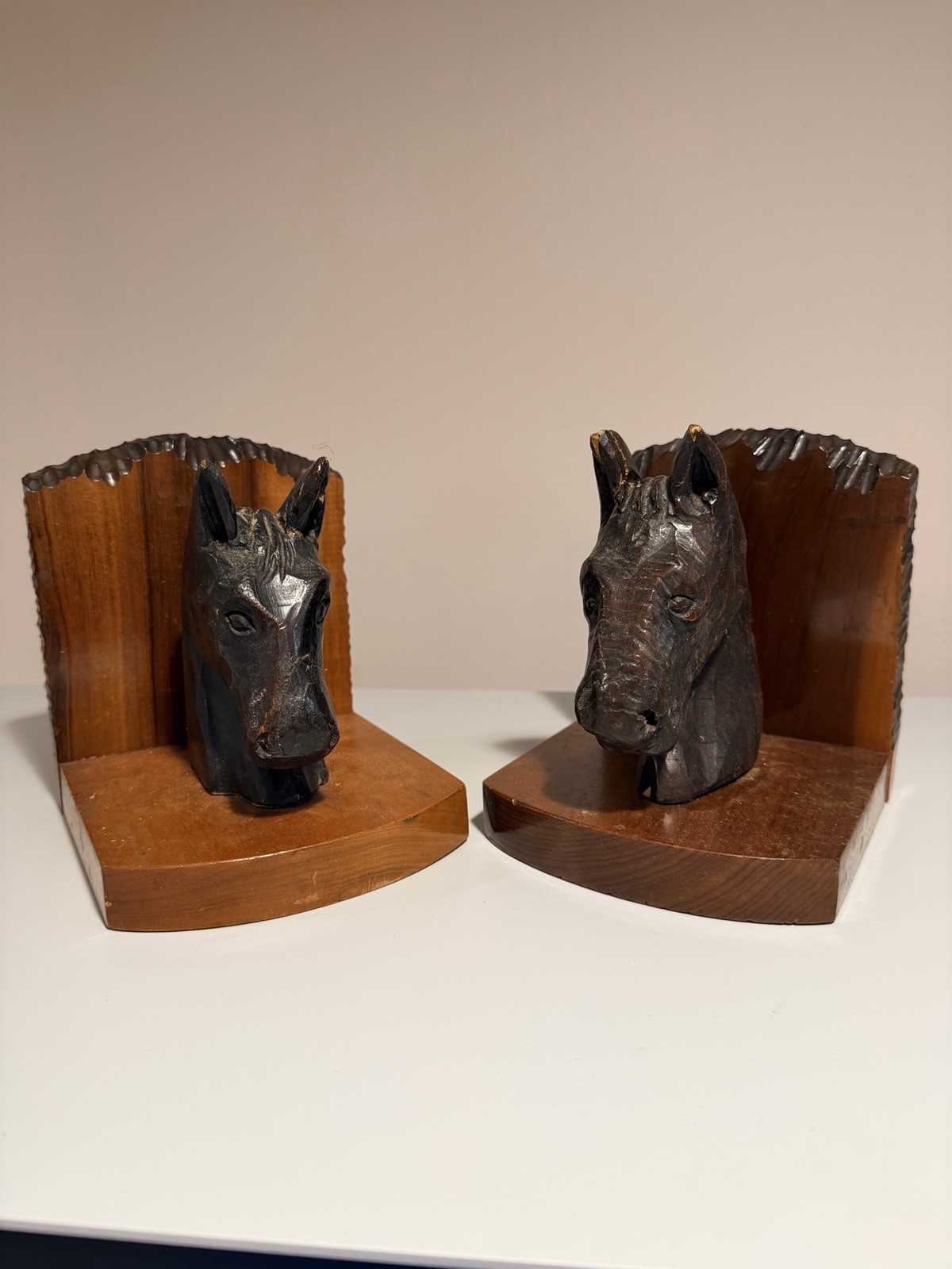 Vintage Brazilian Carved Wood Horse Head Bookends Pair São Paulo Brazil 6”