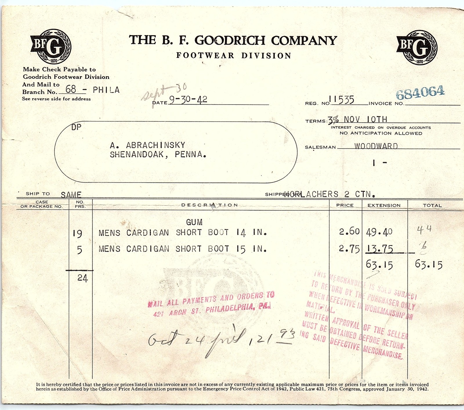 1942 B.F. Goodrich Footwear Division billhead, paid.