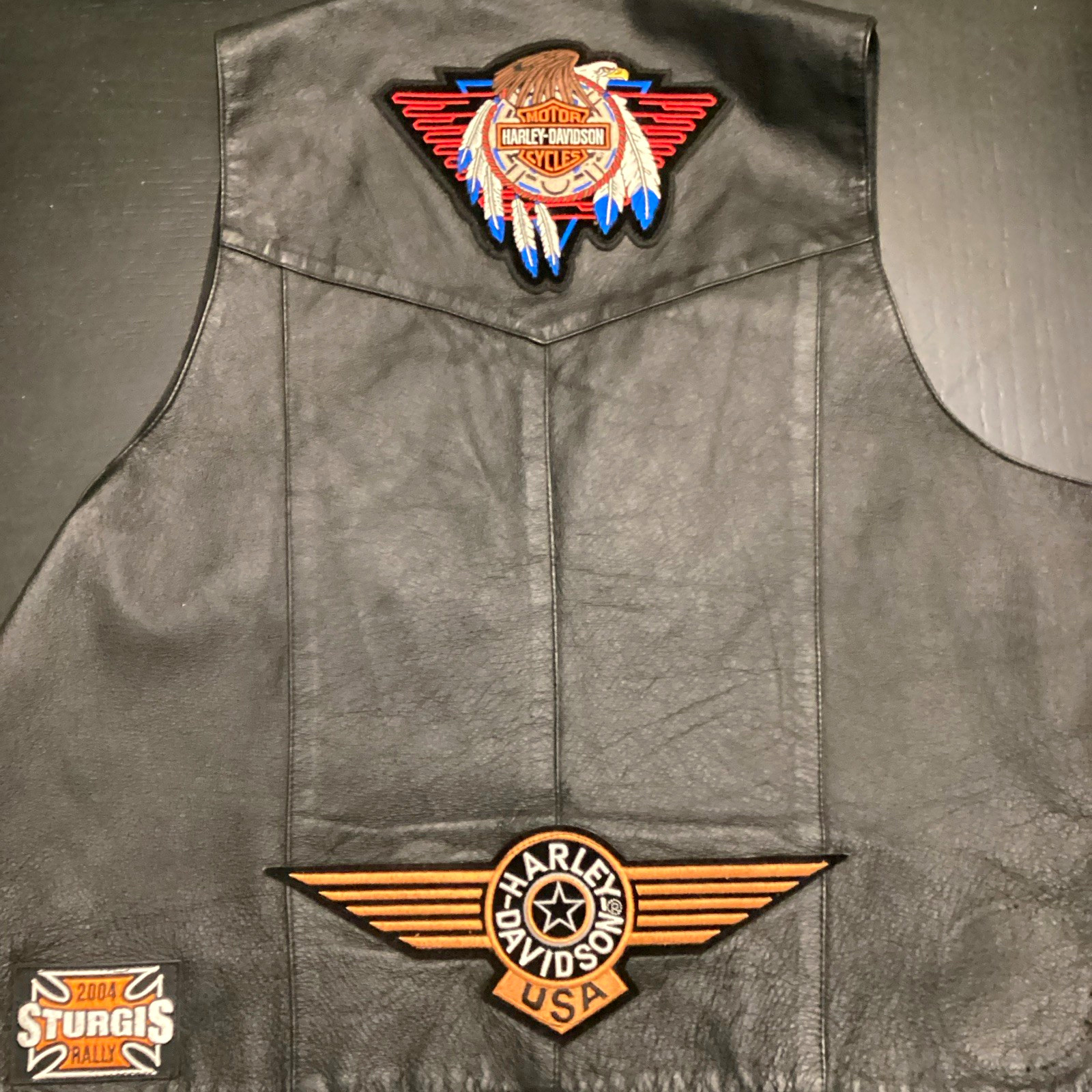 Harley-Davidson Black Leather Vest w/ 2004 Sturgis Rally Patches