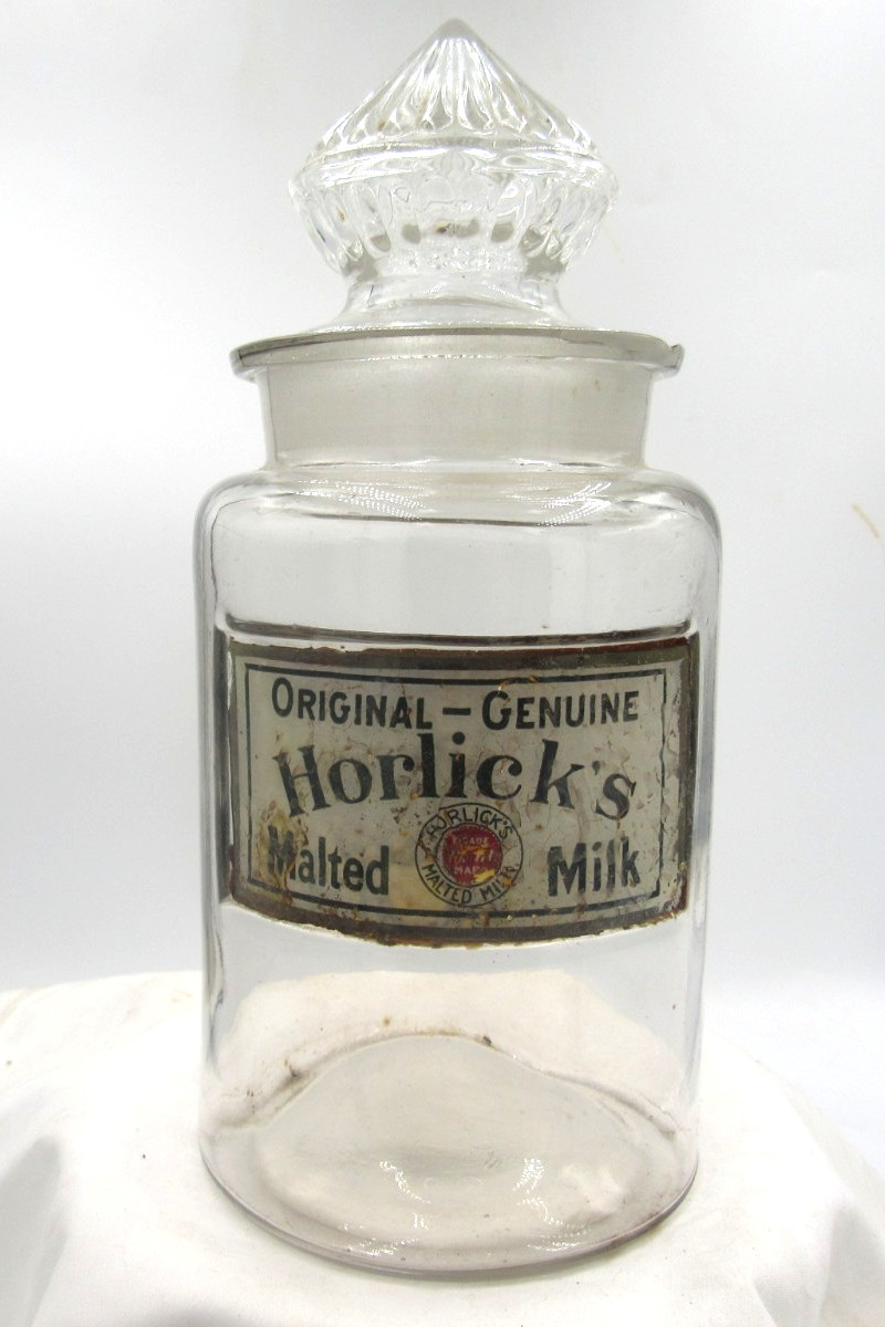 Early HORLICK\'S MALTED MILK Racine Wisc LABEL UNDER GLASS Counter Display Jar