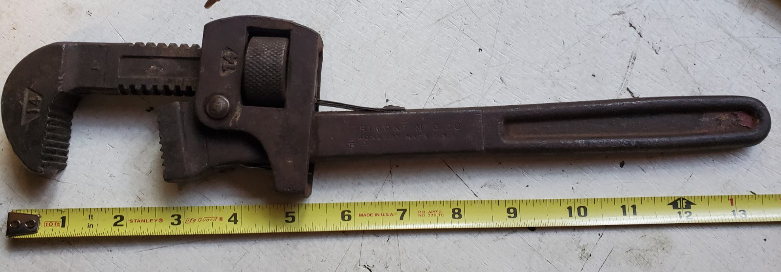 Vintage TRIMONT 14 inch Spring Loaded Pipe Wrench NO Patent Date Vintage TRIMONT 14 inch Spring Loaded Pipe Wrench NO Patent Date