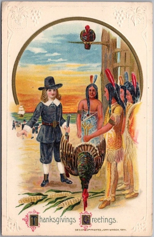 c1914 Winsch Schmucker THANKSGIVING Embossed Postcard Pilgrim & Indians - Unused