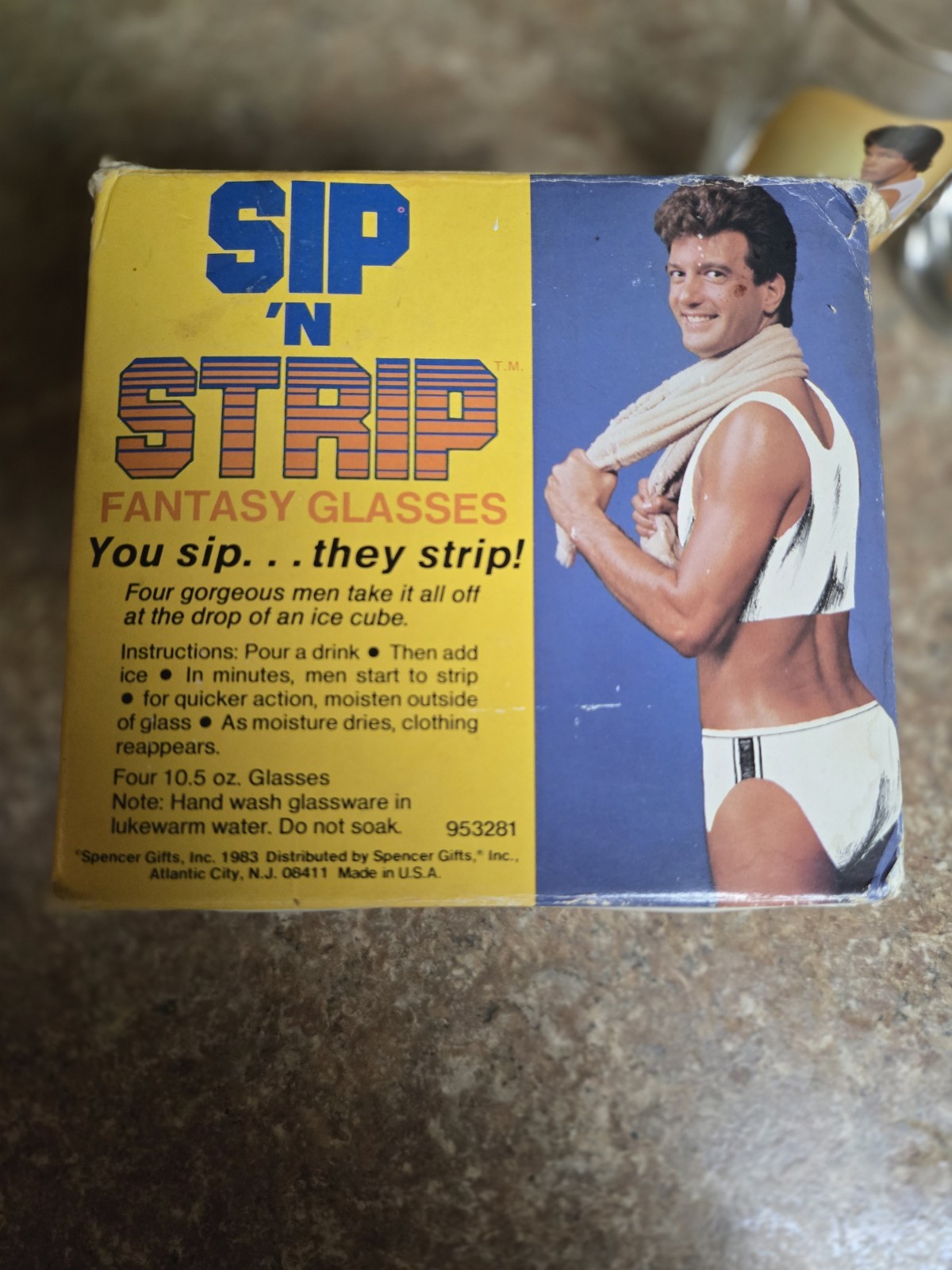 Vintage 1983 Spencer Gifts Sip N Strip Fantasy Glasses Set 4 w/ Original Box