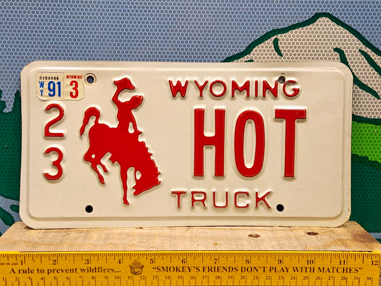 1991 Wyoming Truck Vanity License Plate HOT Fire Fighter Bucking Horse Vintage 1991 Wyoming Truck Vanity License Plate HOT Fire Fighter Bucking Horse Vintage