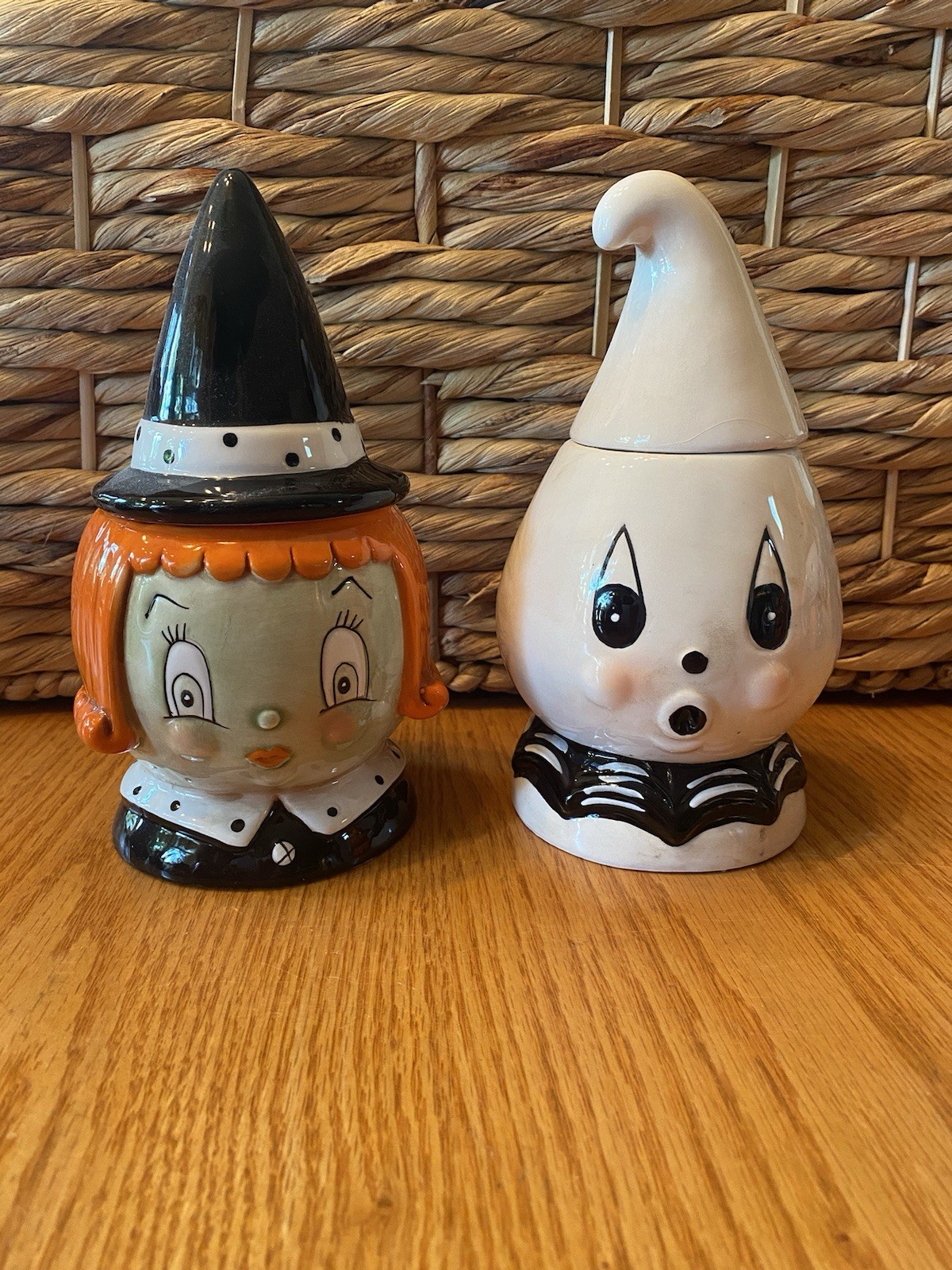 2 Whimsical Johanna Parker Witch And Ghost Halloween Ceramic 7” Jars
