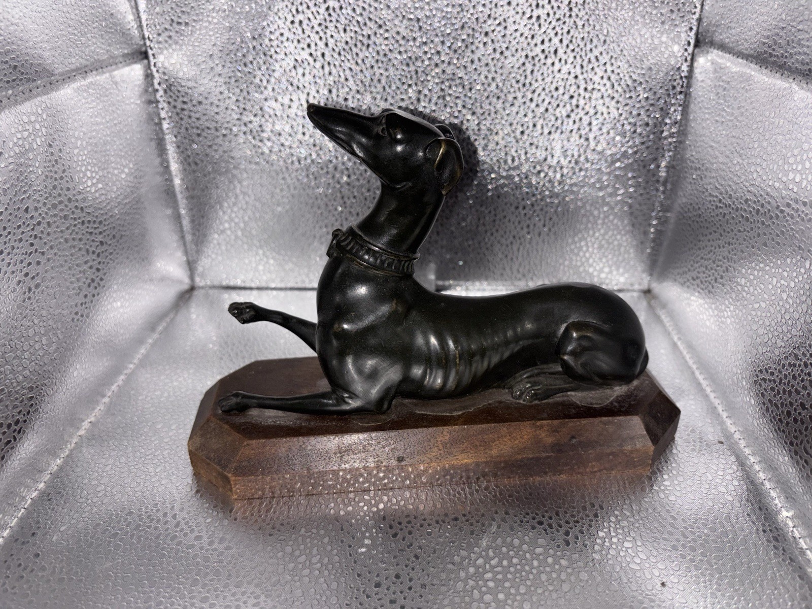 Bronze Whippet Greyhound Dog Metal Art Sculpture Figurine wood stand  Vintage