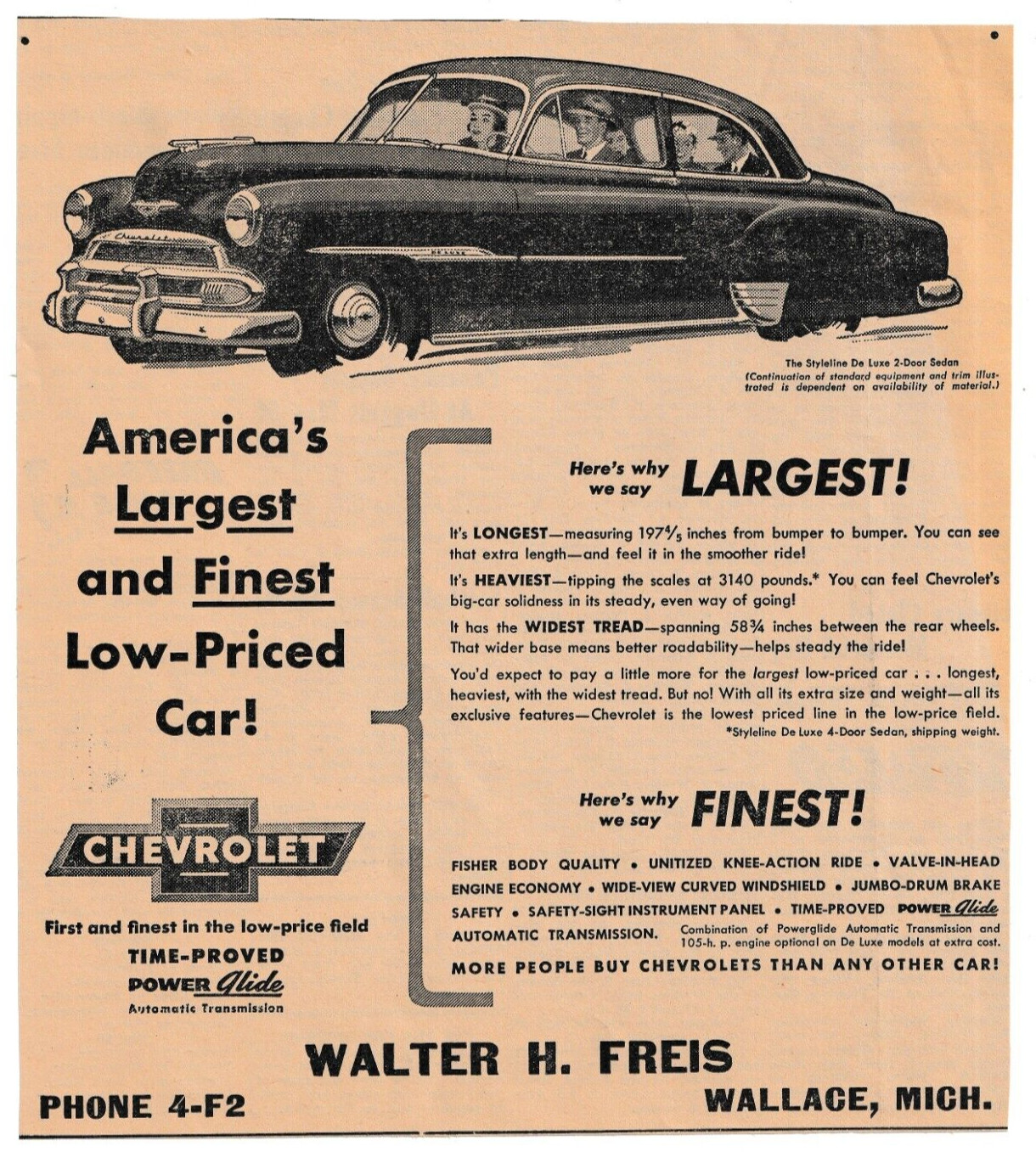 WALTER H. FREIS CHEVROLET STYLELINE DE LUXE 2-DOOR SEDAN WALLACE 1951 print ad WALTER H. FREIS CHEVROLET STYLELINE DE LUXE 2-DOOR SEDAN WALLACE 1951 print ad