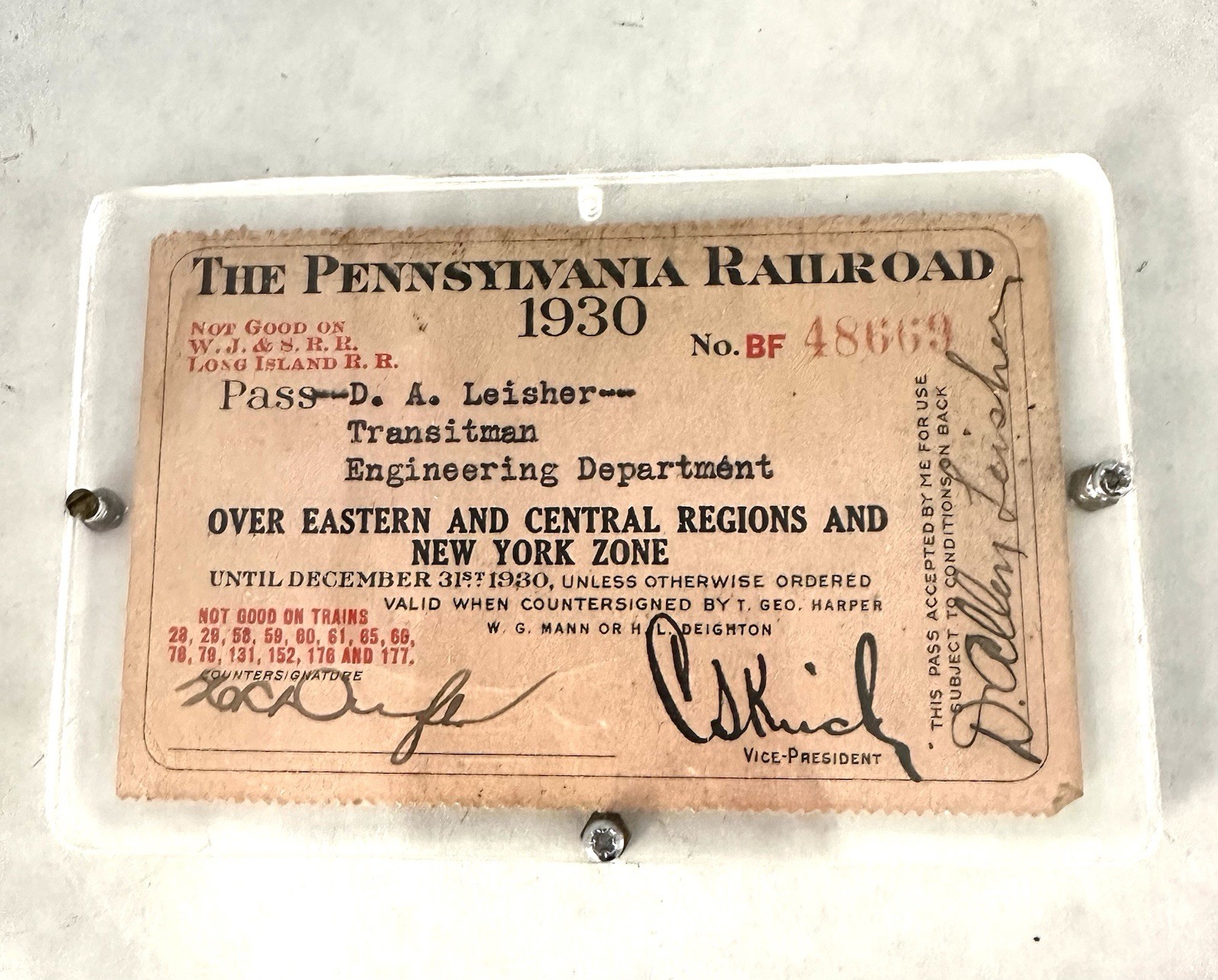 Pennsylvania Railroad System 1930 Pass