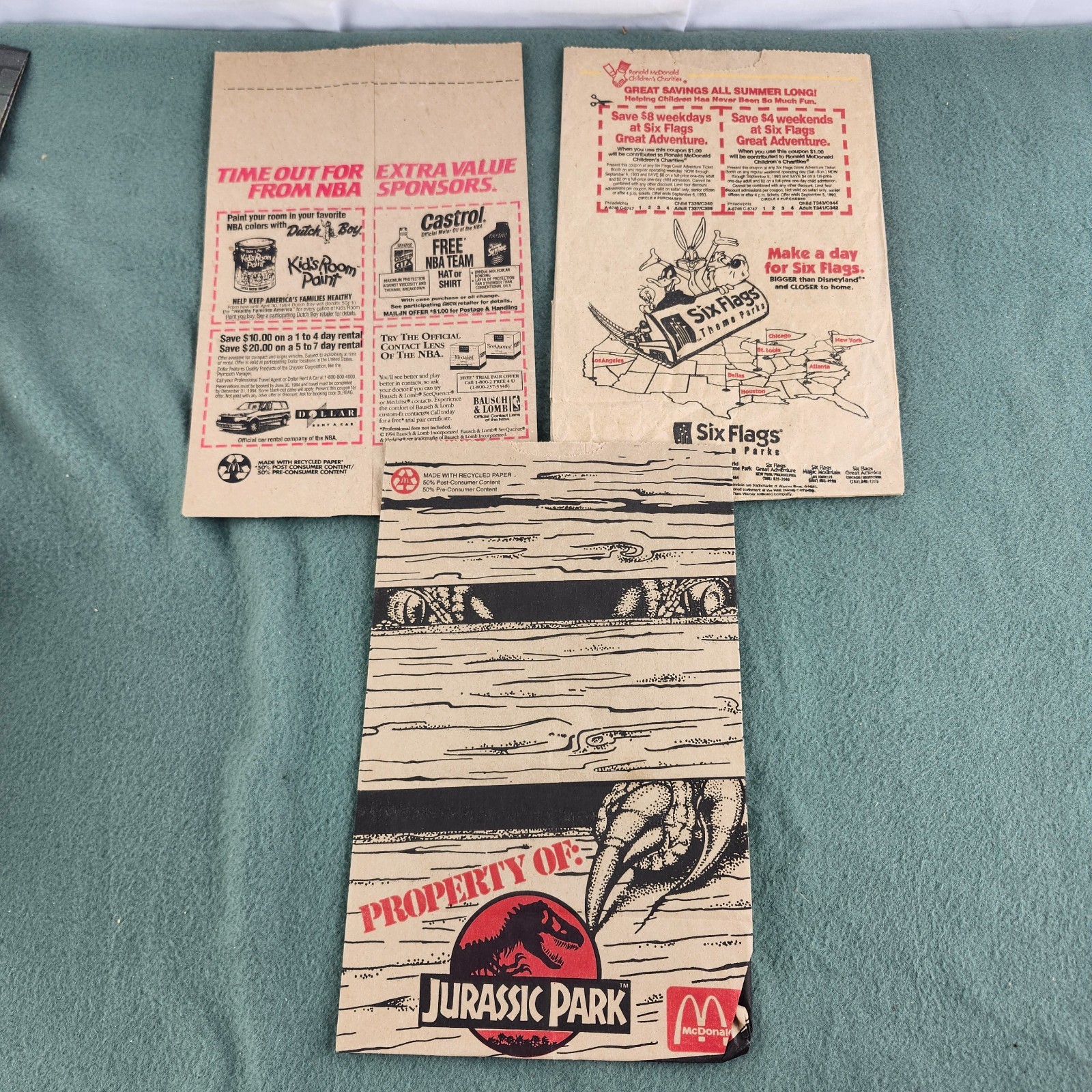 3x McDonald\'s 1994 Paper Take Out Bag Vintage Jurassic Park Six Flags