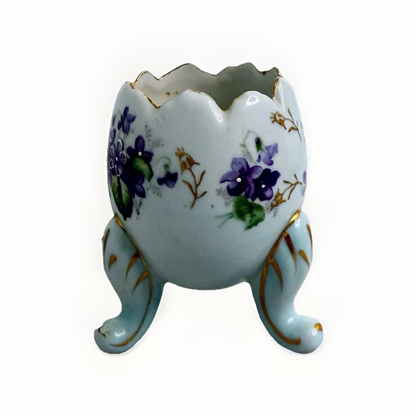 Vtg Parma AAI Japan HandPainted Footed Blue Cracked Egg Vase Violets Gold F