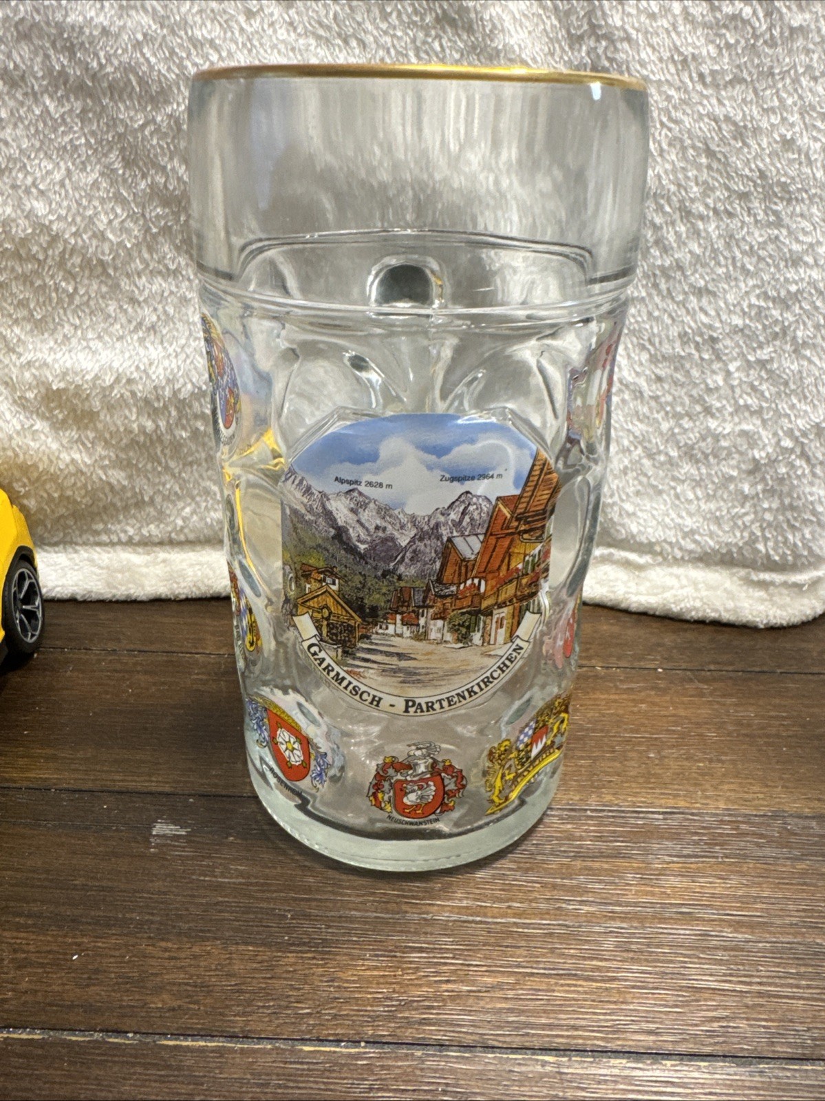 Vintage German dimpled glass beer stein Featuring Garnish-Partenkirchen