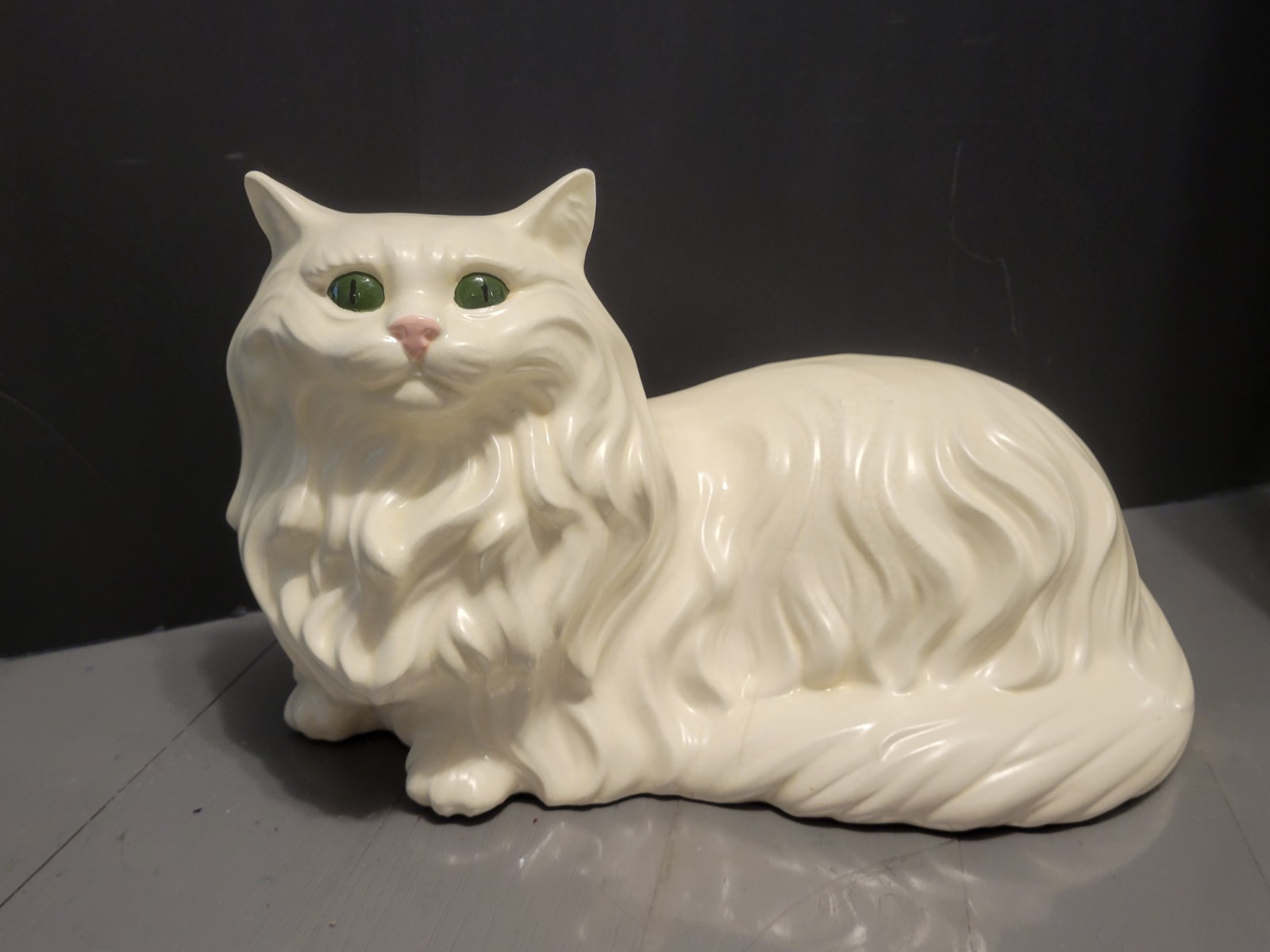 Vintage Large 15” MCM Persian White Cat Green Eyes Ceramic Art Figurine Statue