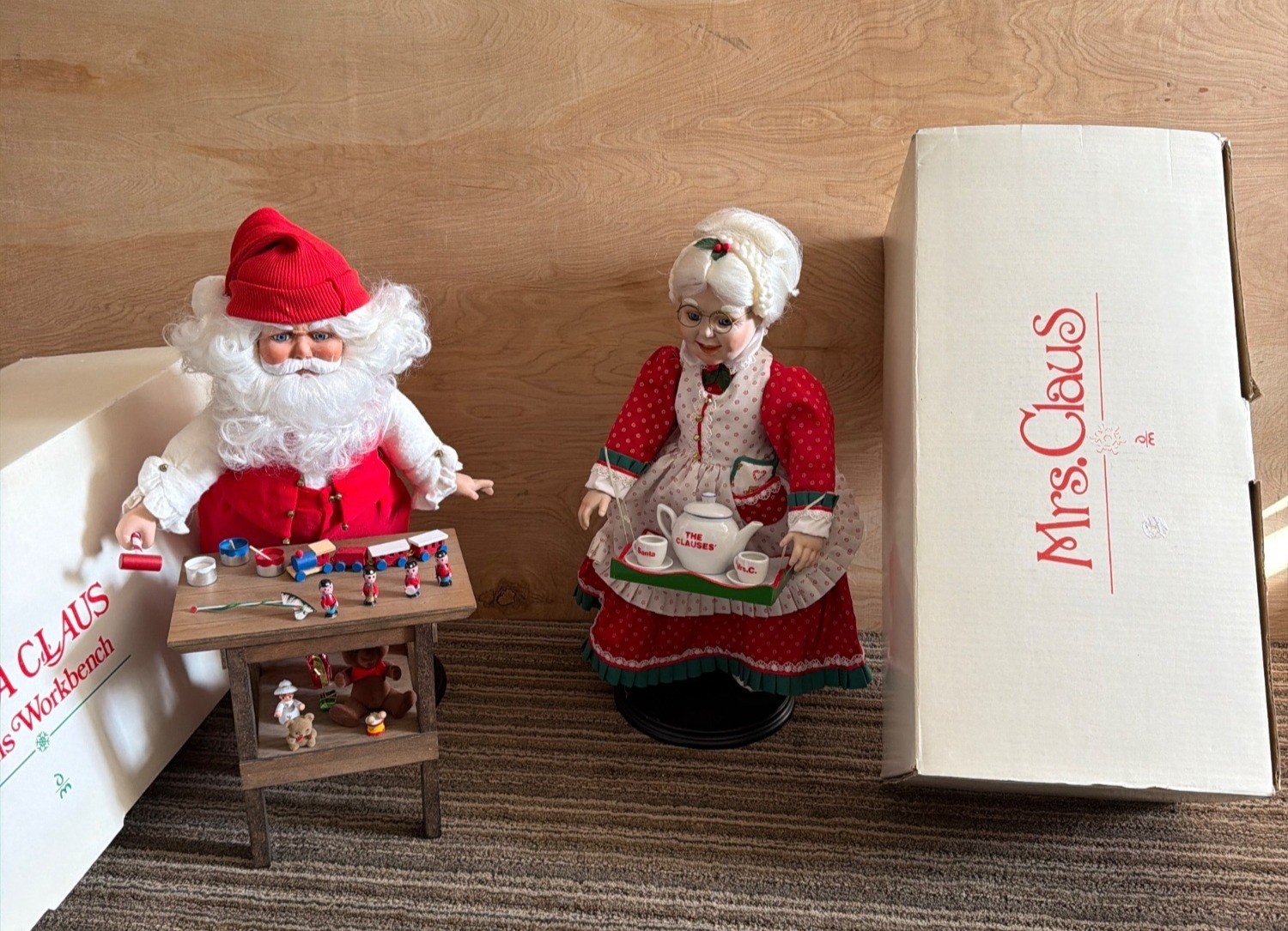 Danbury Mint 1989 Santa at His Workbench & Mrs Claus Christmas Dolls w/Boxes