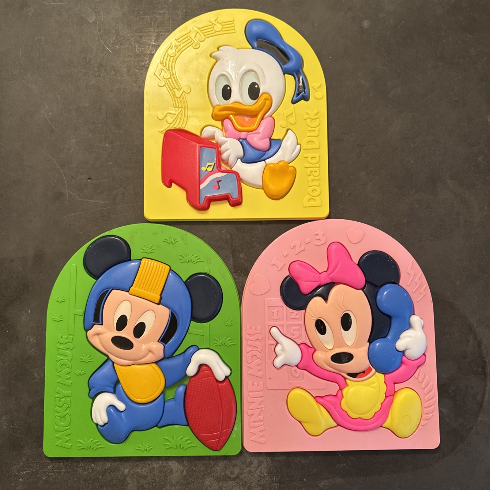 Lot Of 3 VTG 80s Disney Baby Mickey Donald Minnie Hard Plastic 3D Puzzle By Arco
