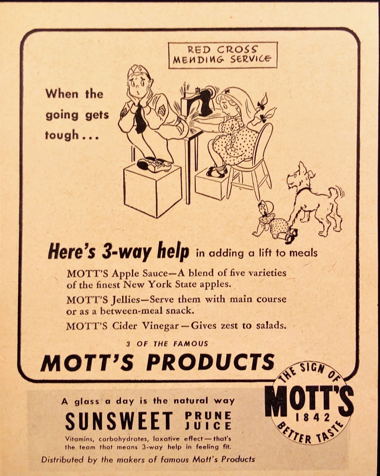 1943 Mott\'s Apple Sauce Jellies Vinegar Adding Lift To Meals Vintage Print Ad