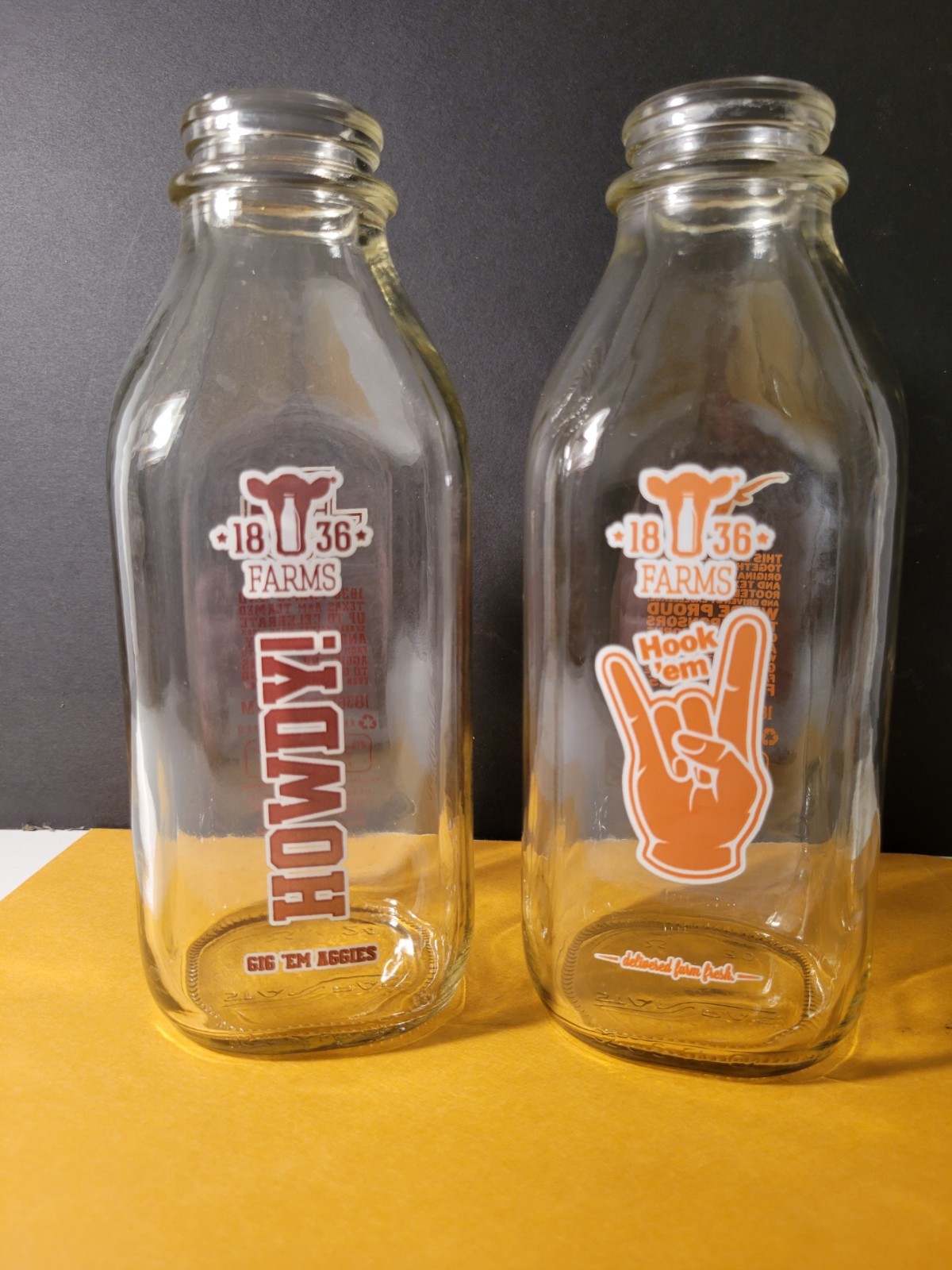 1836 Farms Glass Milk Bottle Lot Texas A&M Aggies & UT Longhorns Rivalry