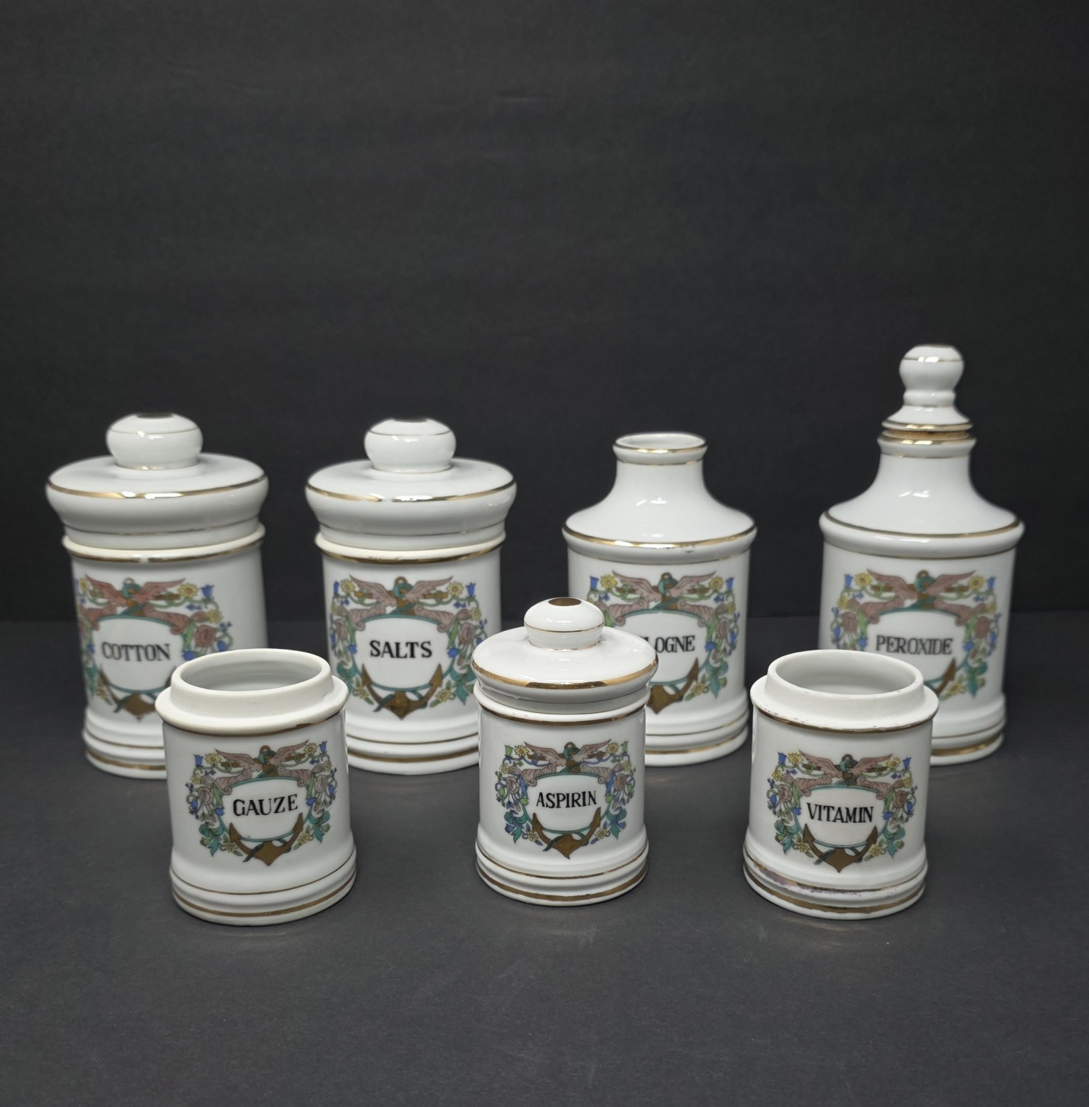 Vintage Porcelain Apothecary Medicine Jar Set Salts Cologne Gauze Perioxide