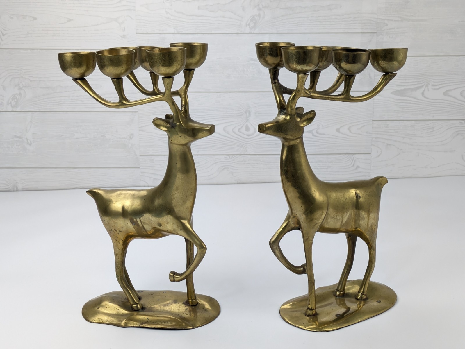 VTG Pair Brass Deer Tea Light Candle Holder MCM Reindeer Christmas Centerpiece