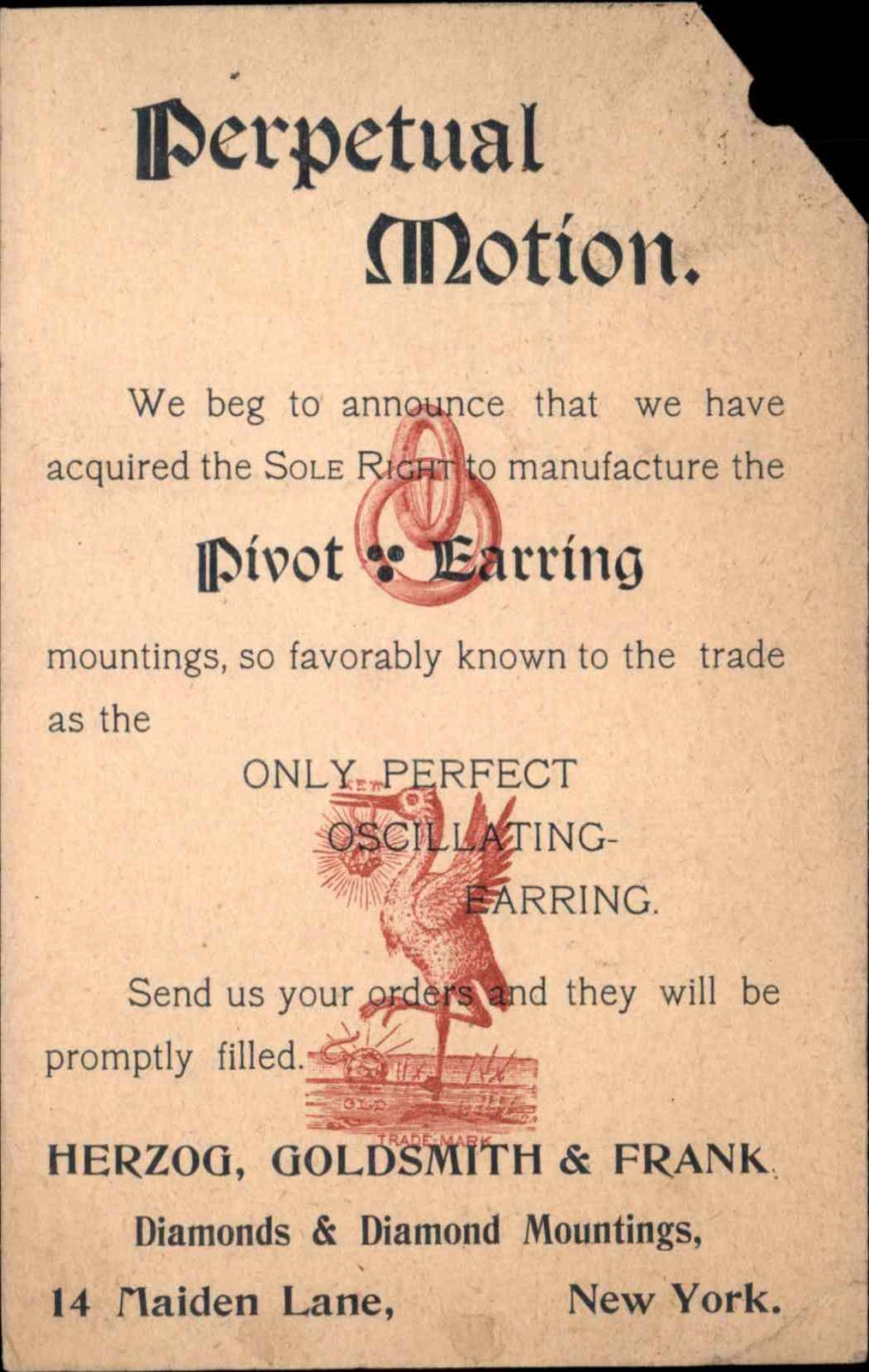 Jewelry Postal Card Oscillating Earring Herzog Goldsmith New York City 1890s