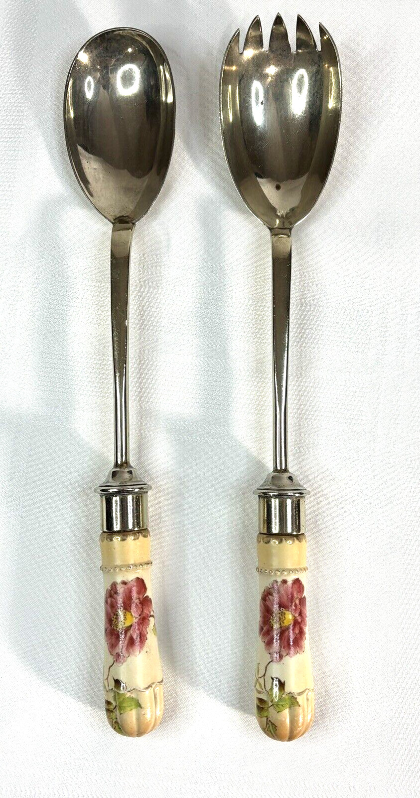 Vtg EPNS Silver Plate Porcelain Floral Handle Serving Set