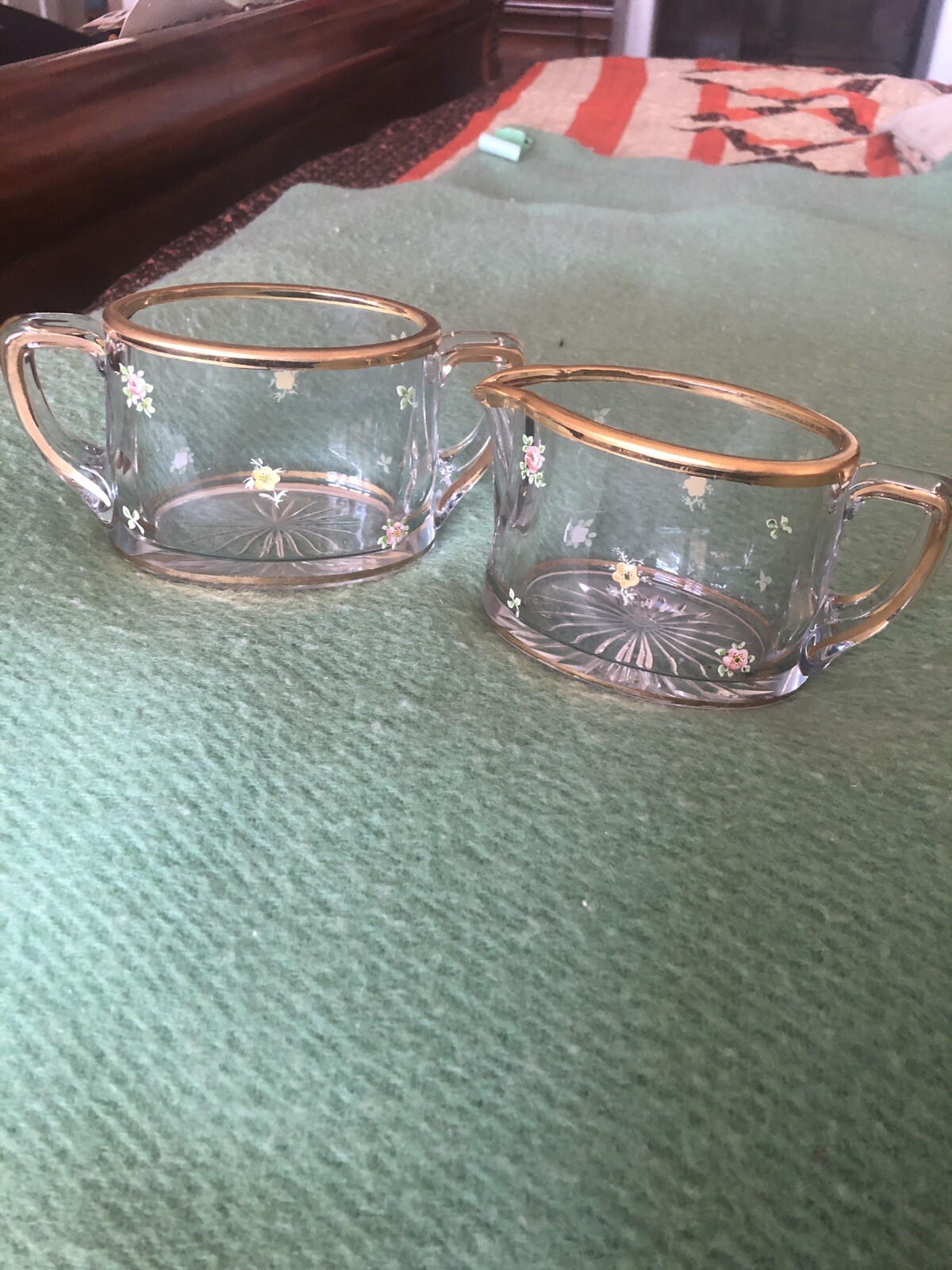 Rare Early Heisey Clear Sugar & Creamer Hand  Painted Florals &  Gold Trim