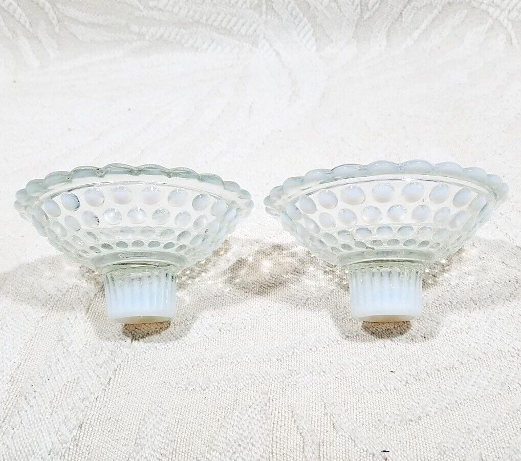 ANCHOR HOCKING OPALESCENT MOONSTONE PAIR OF GLASS HOBNAIL TAPER CANDLE HOLDERS