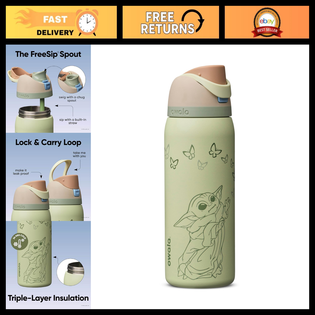 32 oz Stainless Steel Water Bottle - FreeSip Design, Star Wars GroGu Theme, BPA-
