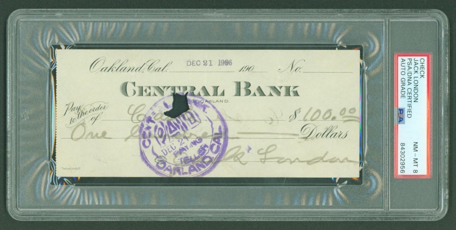 RARE 1906 Jack London Signed Autograph Check Signature PSA Slabbed