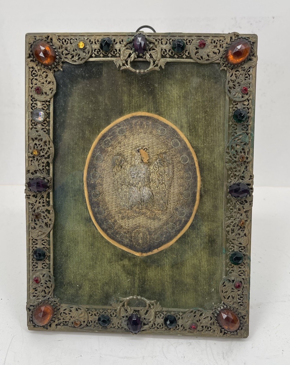 Antique Filigree Frame with Embroidered Double-Headed Eagle Religious Textile