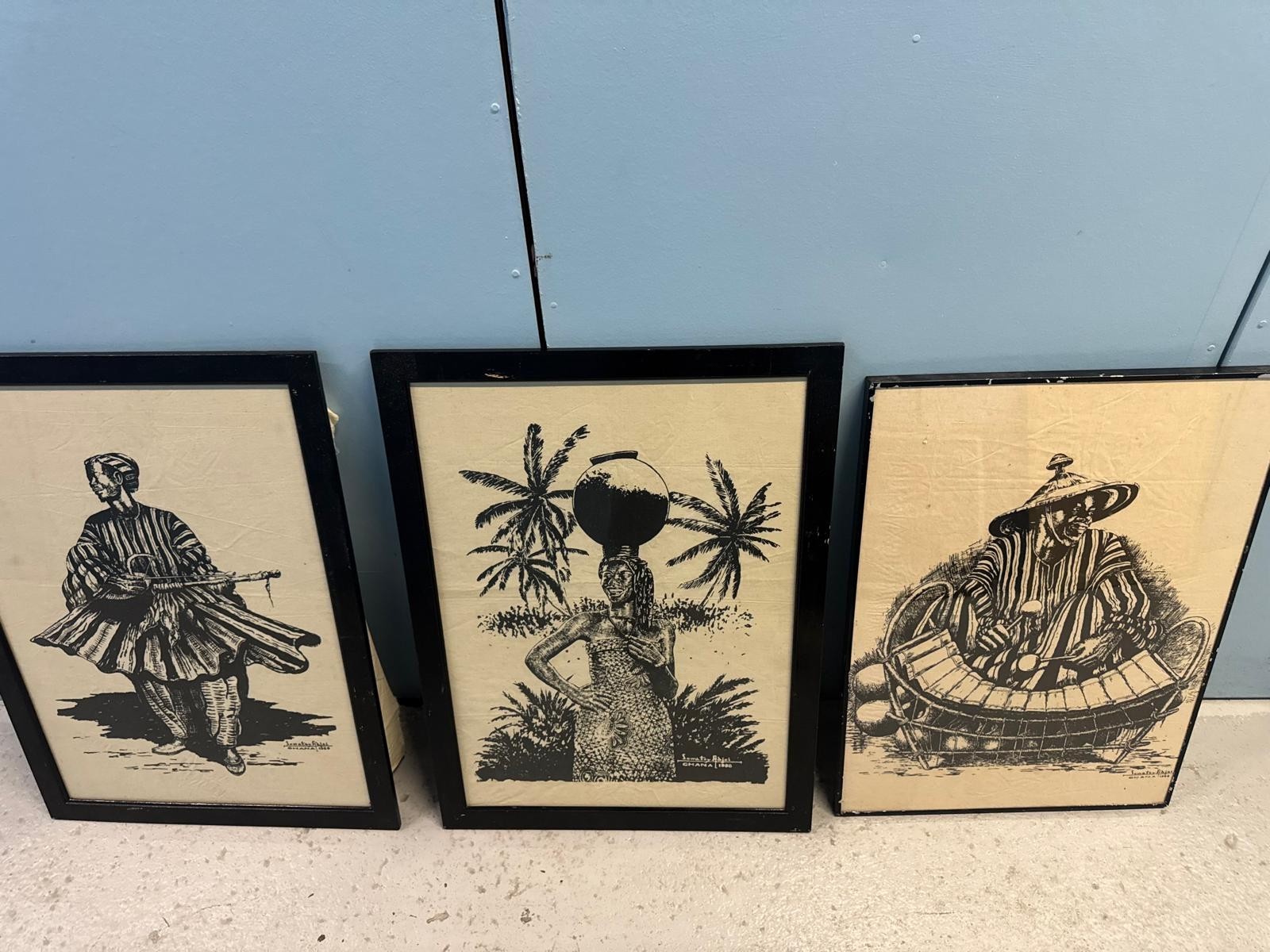 1988 SOWATEY ADJEI SIGNED GHANA AFRICAN TRIBAL ART FRAMED FABRIC PRINT - 3 UNITS