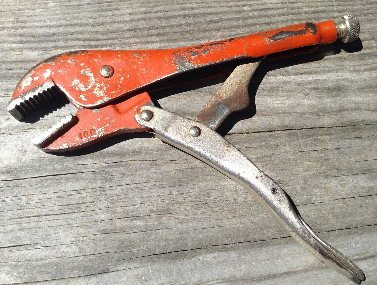 Vintage early Vise Grip 10R locking pliers straight jaws w/ patents orange paint Vintage early Vise Grip 10R locking pliers straight jaws w/ patents orange paint