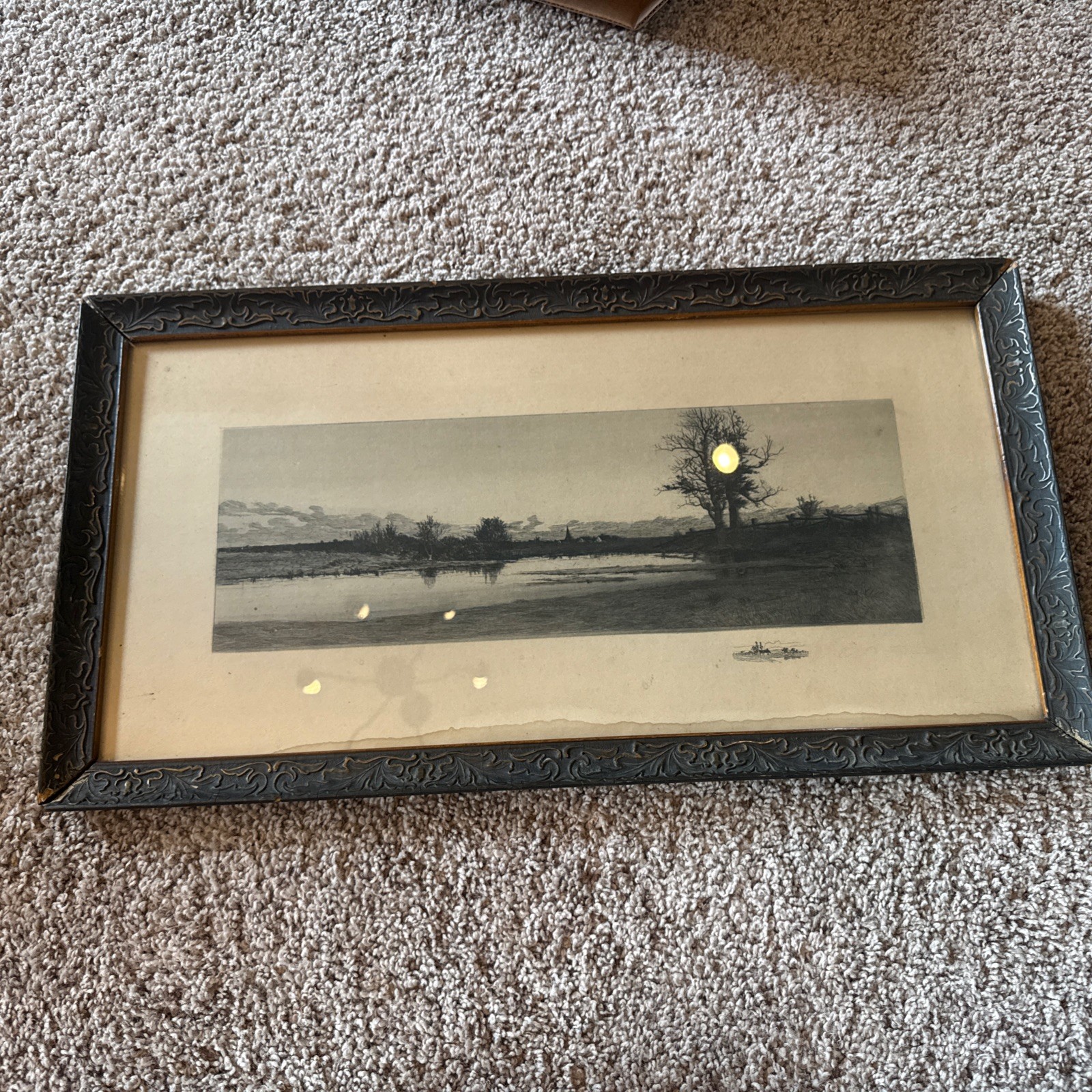 Antique GESSO Ornate Floral Leaf PICTURE FRAME Wood landscape print black white 
