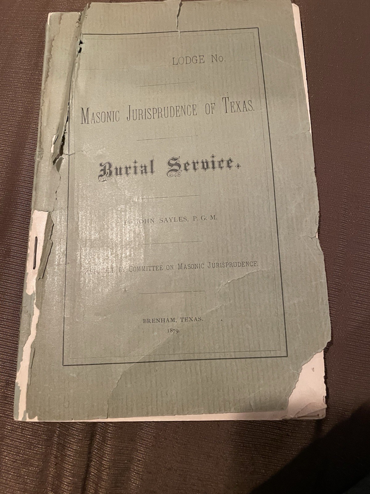 Rare 1879 Masonic Burial Services of Brenham Tx Sayles P G M