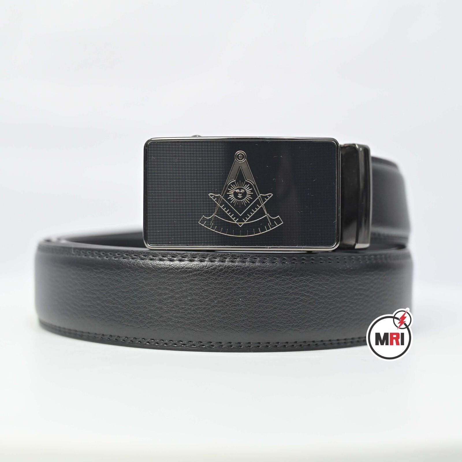 Masonic Past Master Black Leather Ratchet Belt and Buckle Fits up to 48