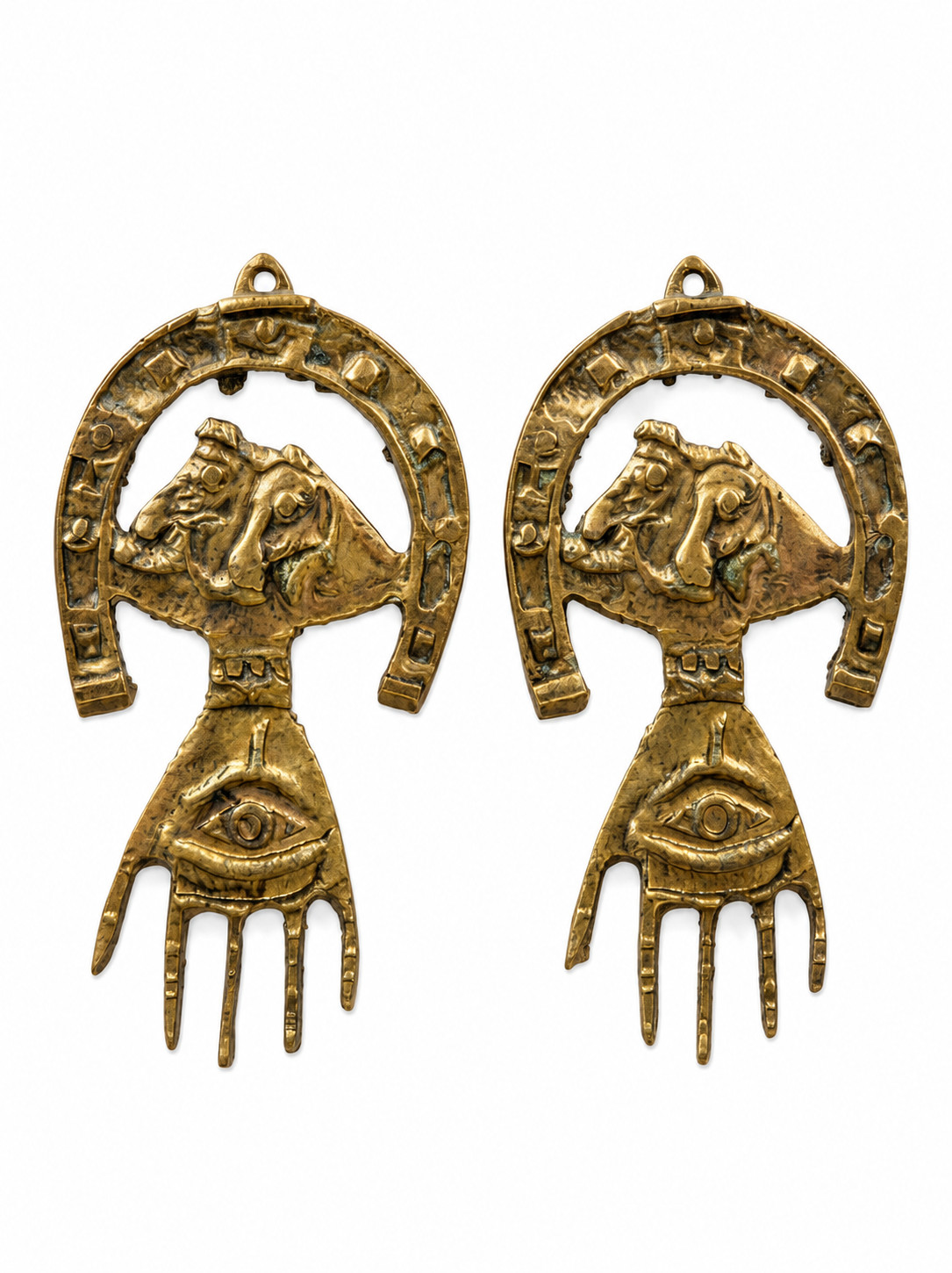 Vintage Brass Horseshoe and Hand Talisman Wall Plaque Gothic Decor (Pair)