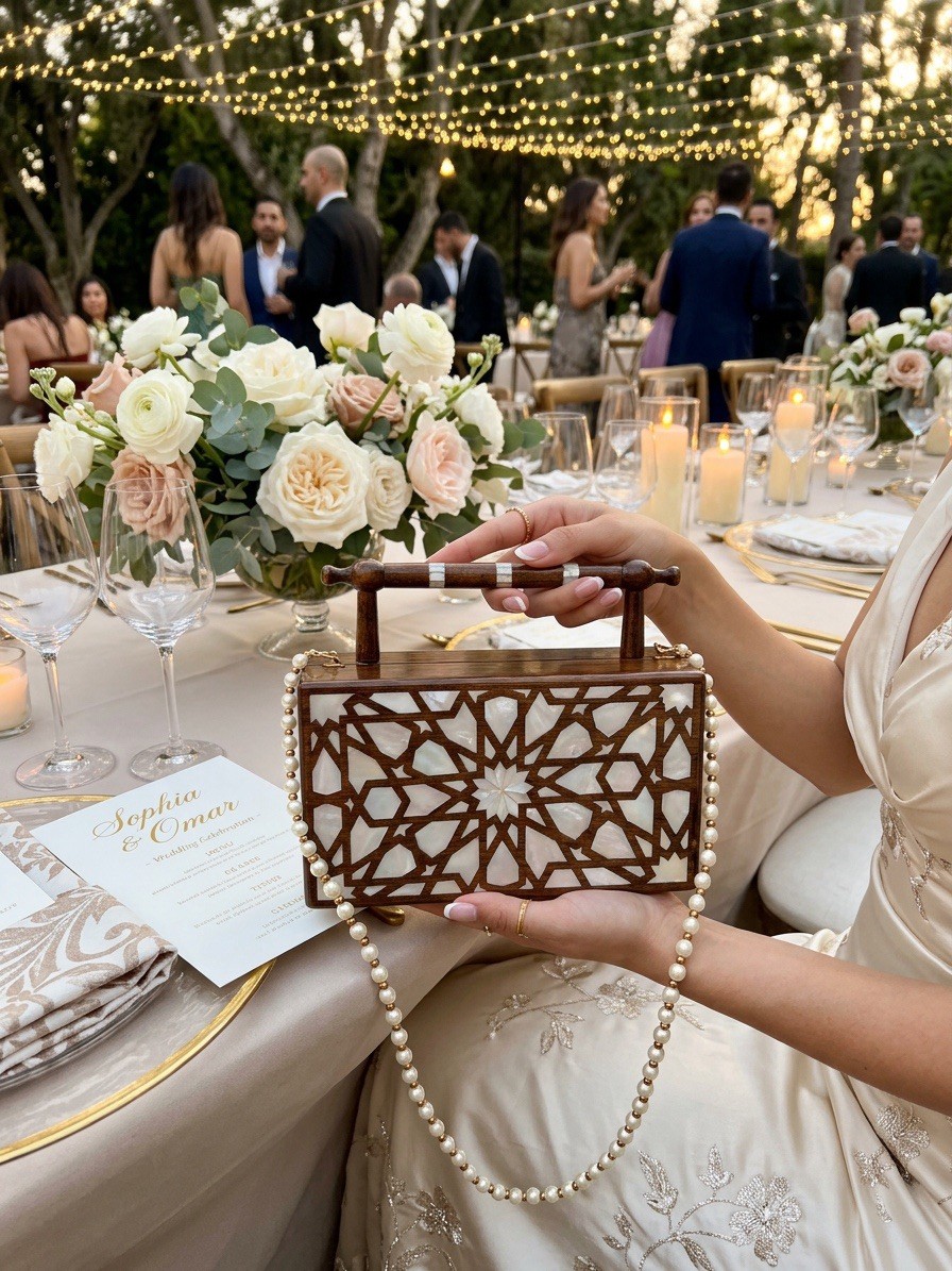 Handcrafted Mother-of-Pearl Inlaid Clutch | Damascene Geometric Star Design