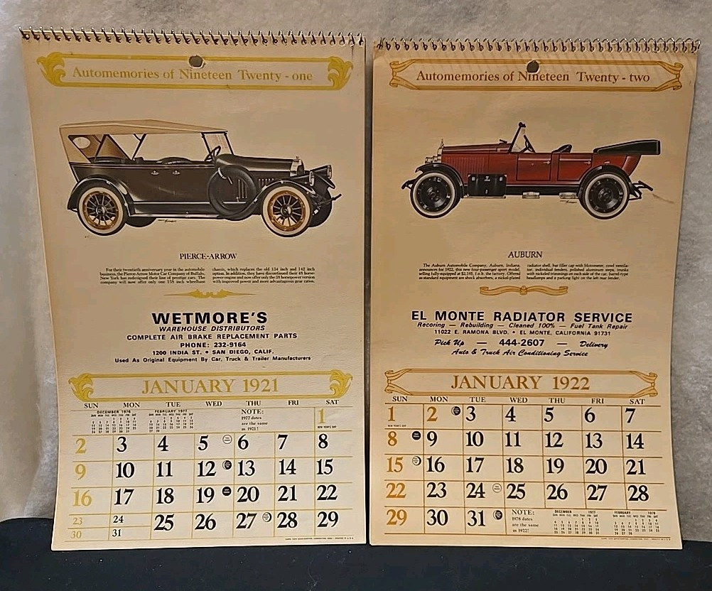 Vintage 1921 & 1922 Automemories of 1921 & 1922 Calendars Shaw Barton 14” X 21” Vintage 1921 & 1922 Automemories of 1921 & 1922 Calendars Shaw Barton 14” X 21”
