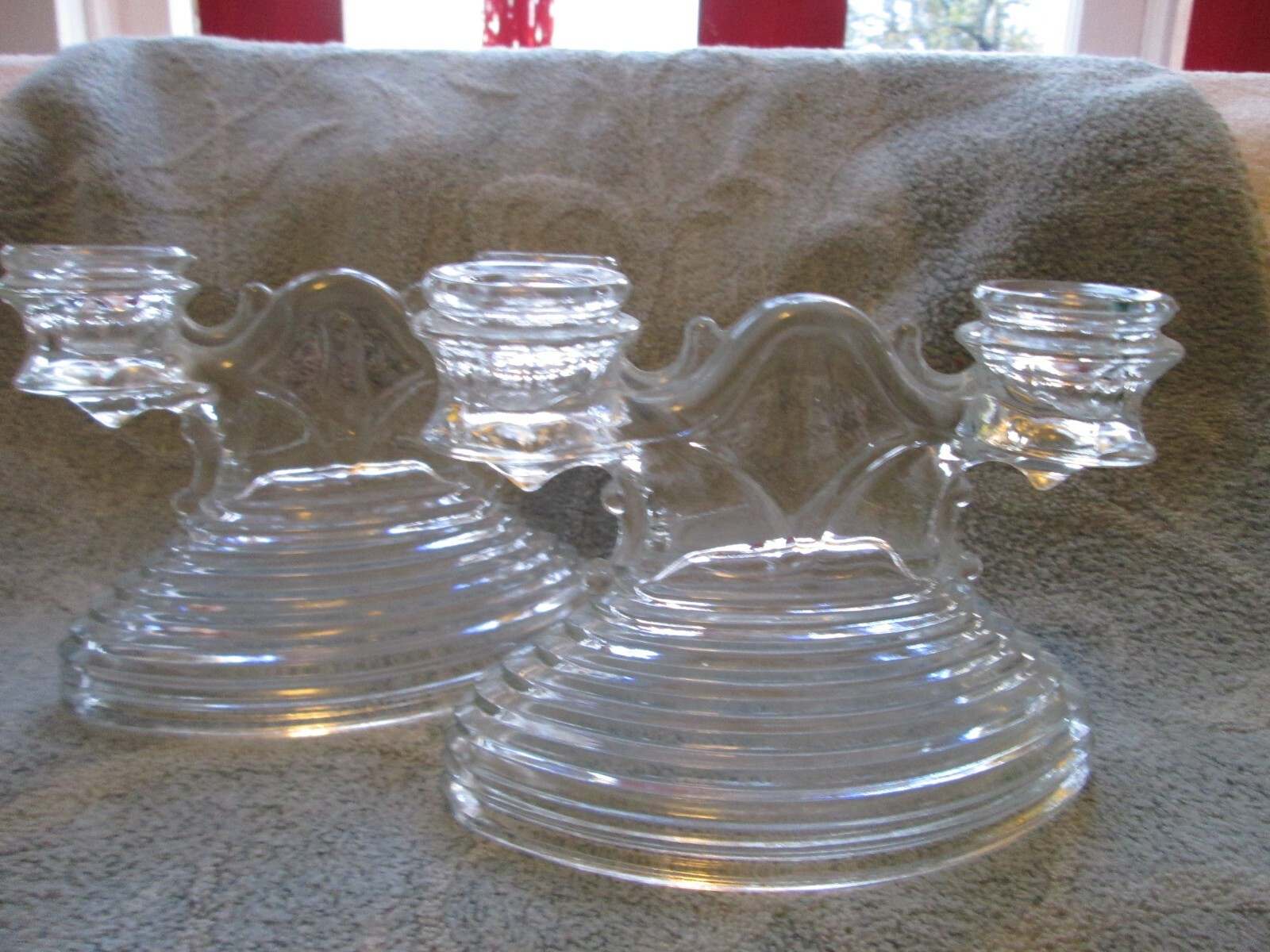 Manhattan or Park Avenue design double candle holders, clear glass, two (pair)
